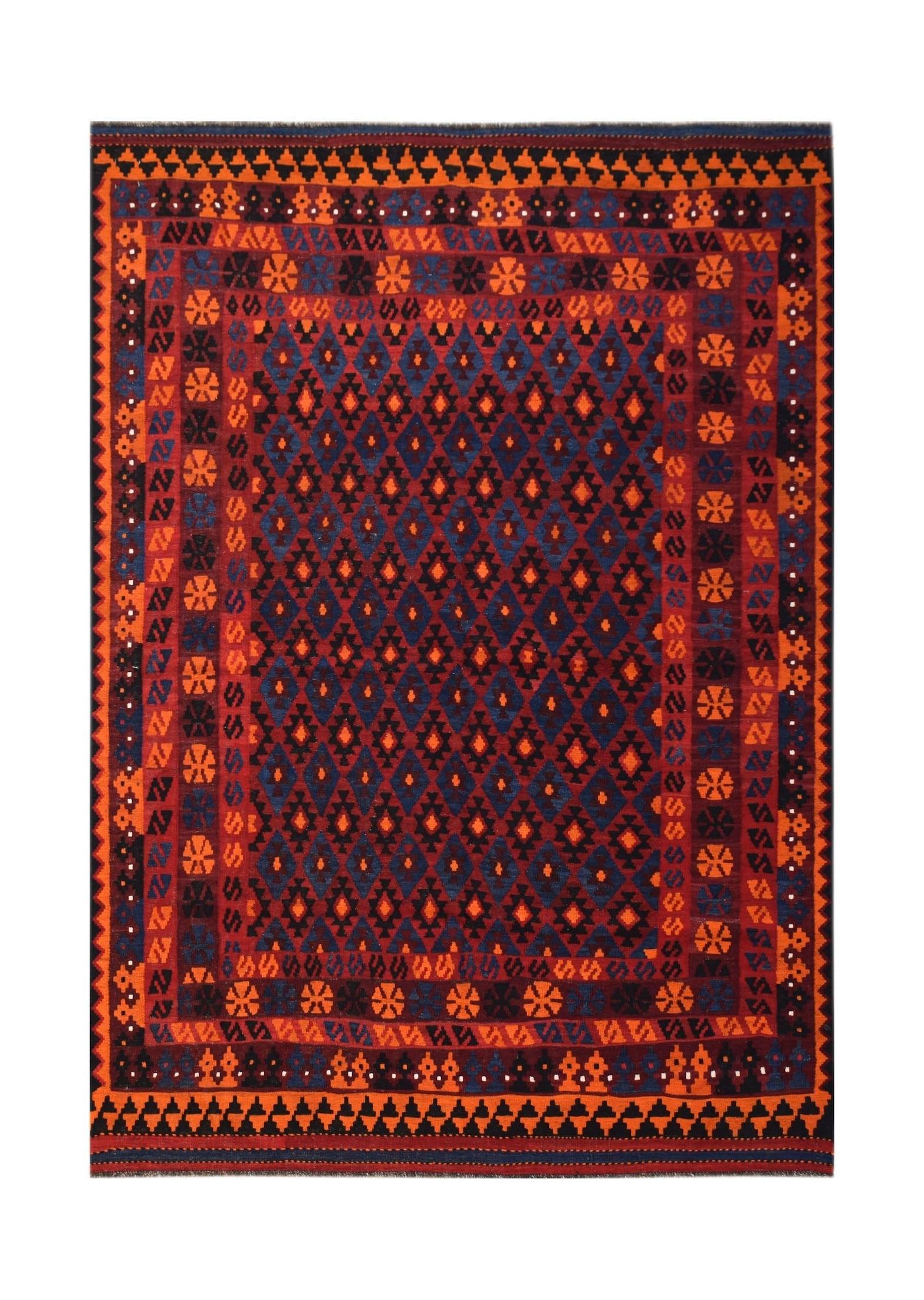 Handwoven Afghan Maimana kilim featuring a geometric diamond pattern in red, blue, and orange.