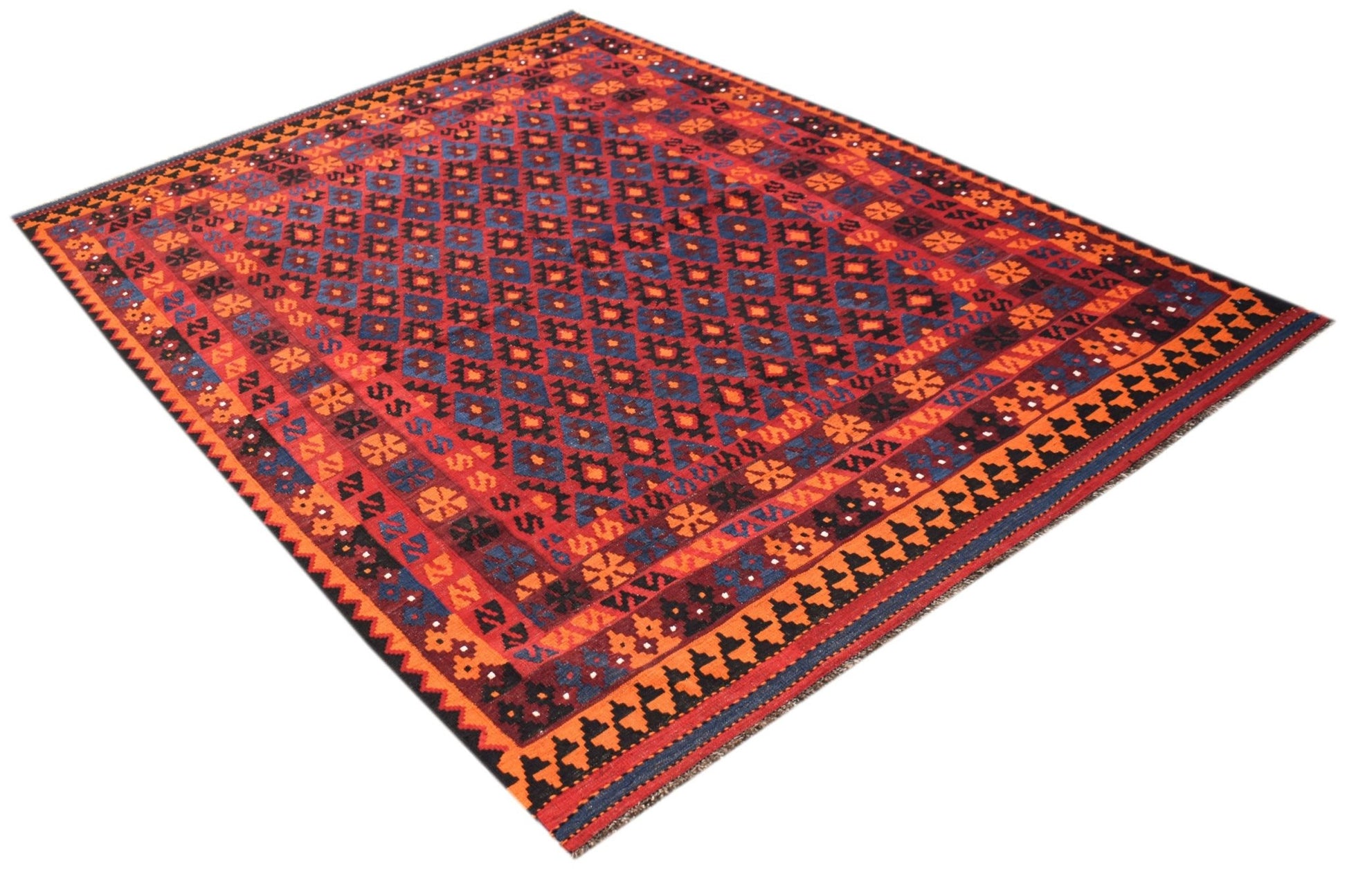 Handwoven Afghan Maimana kilim featuring a geometric diamond pattern in red, blue, and orange.