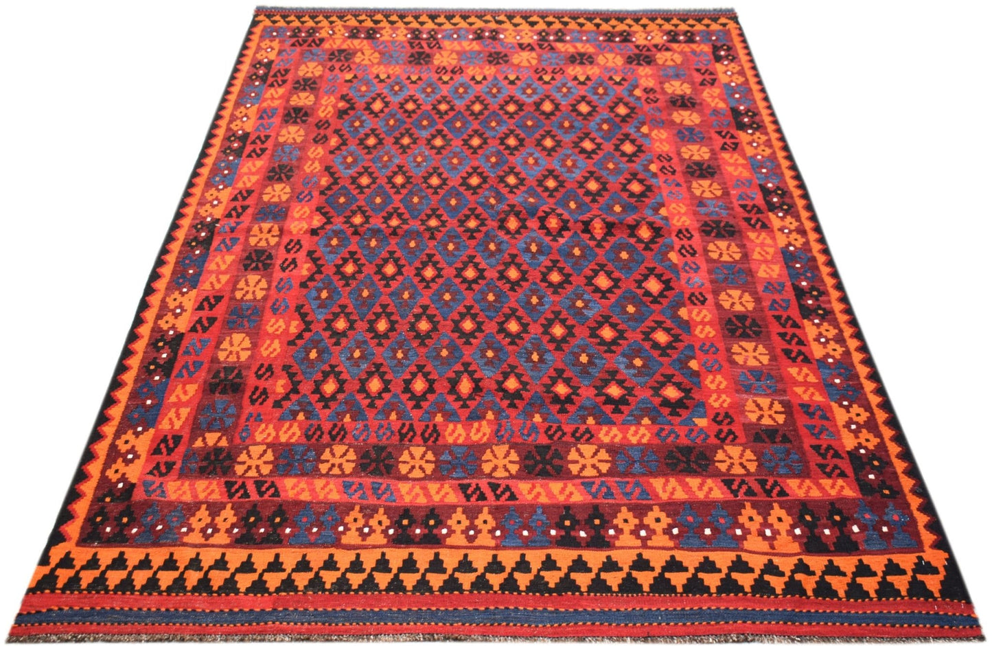 Handwoven Afghan Maimana kilim rug featuring a geometric diamond pattern in red, blue, and orange.