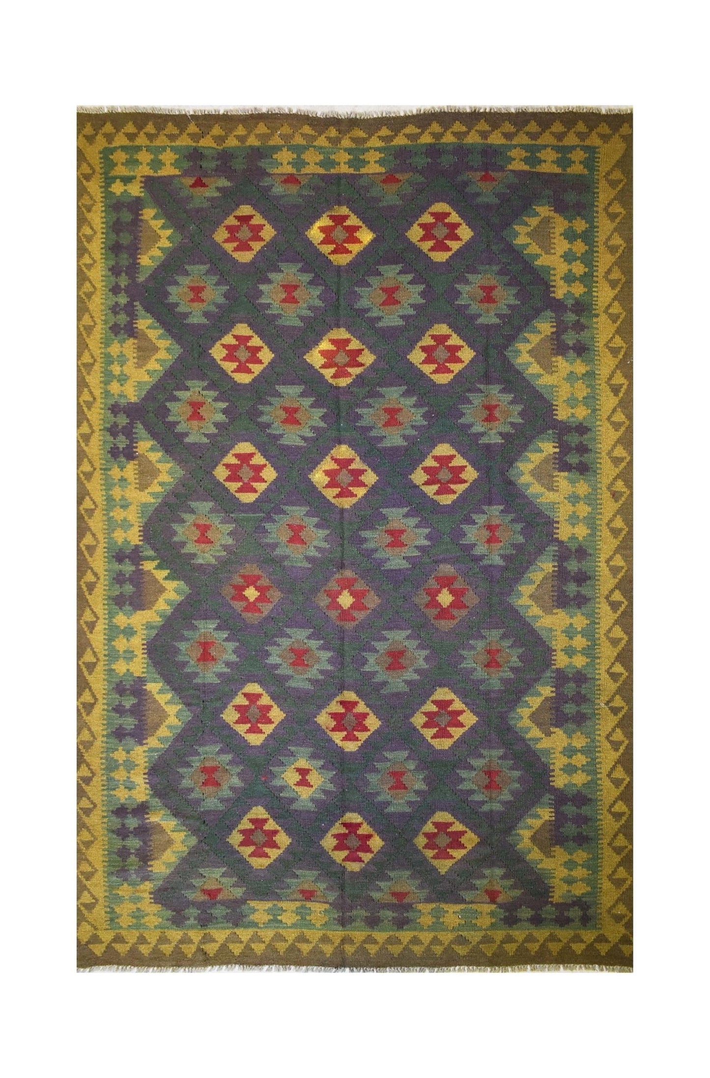 Handmade Afghan Maimana kilim rug featuring a geometric diamond pattern in rich, earthy tones.