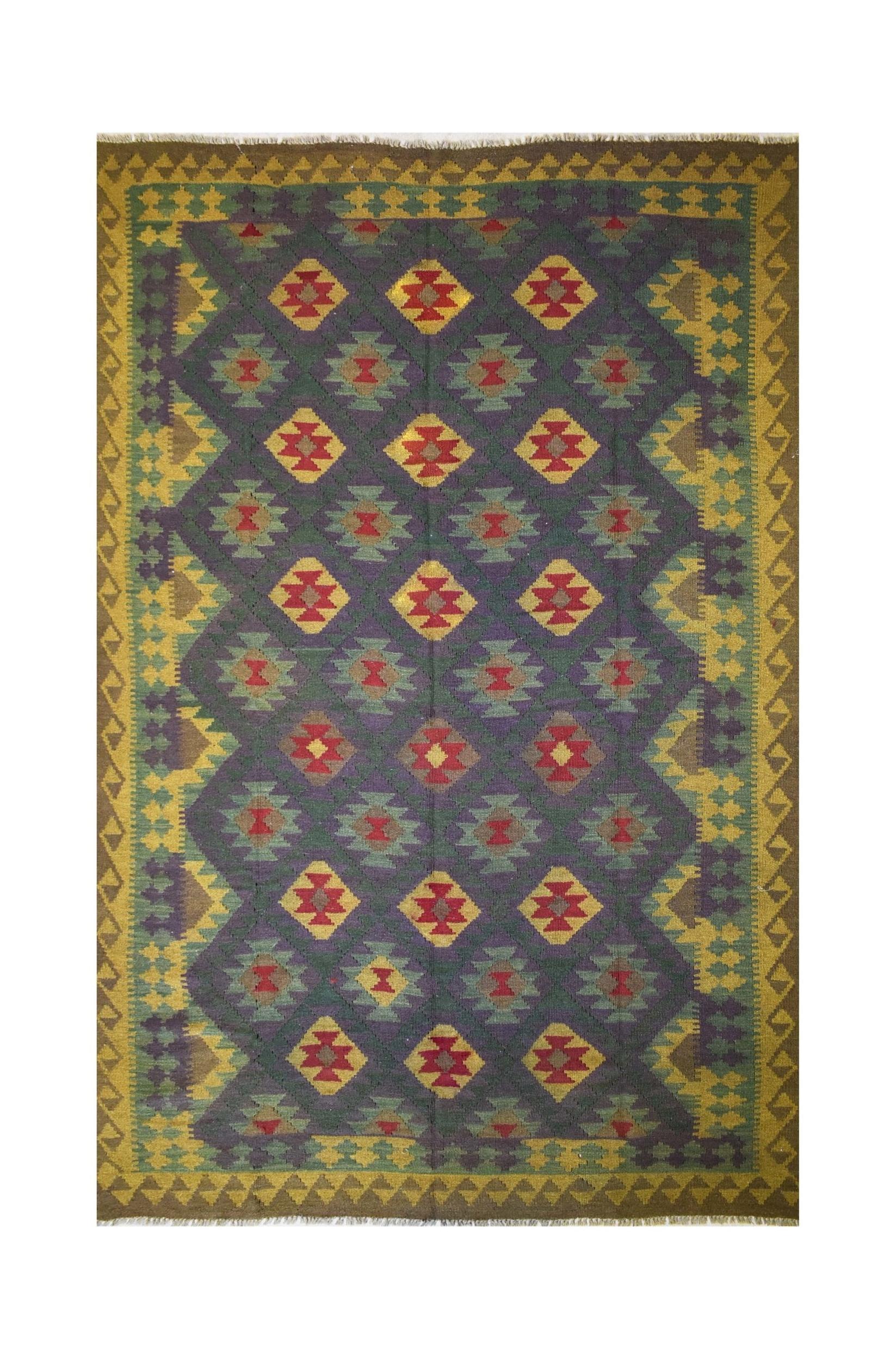 Handmade Afghan Maimana kilim rug featuring a geometric diamond pattern in rich, earthy tones.