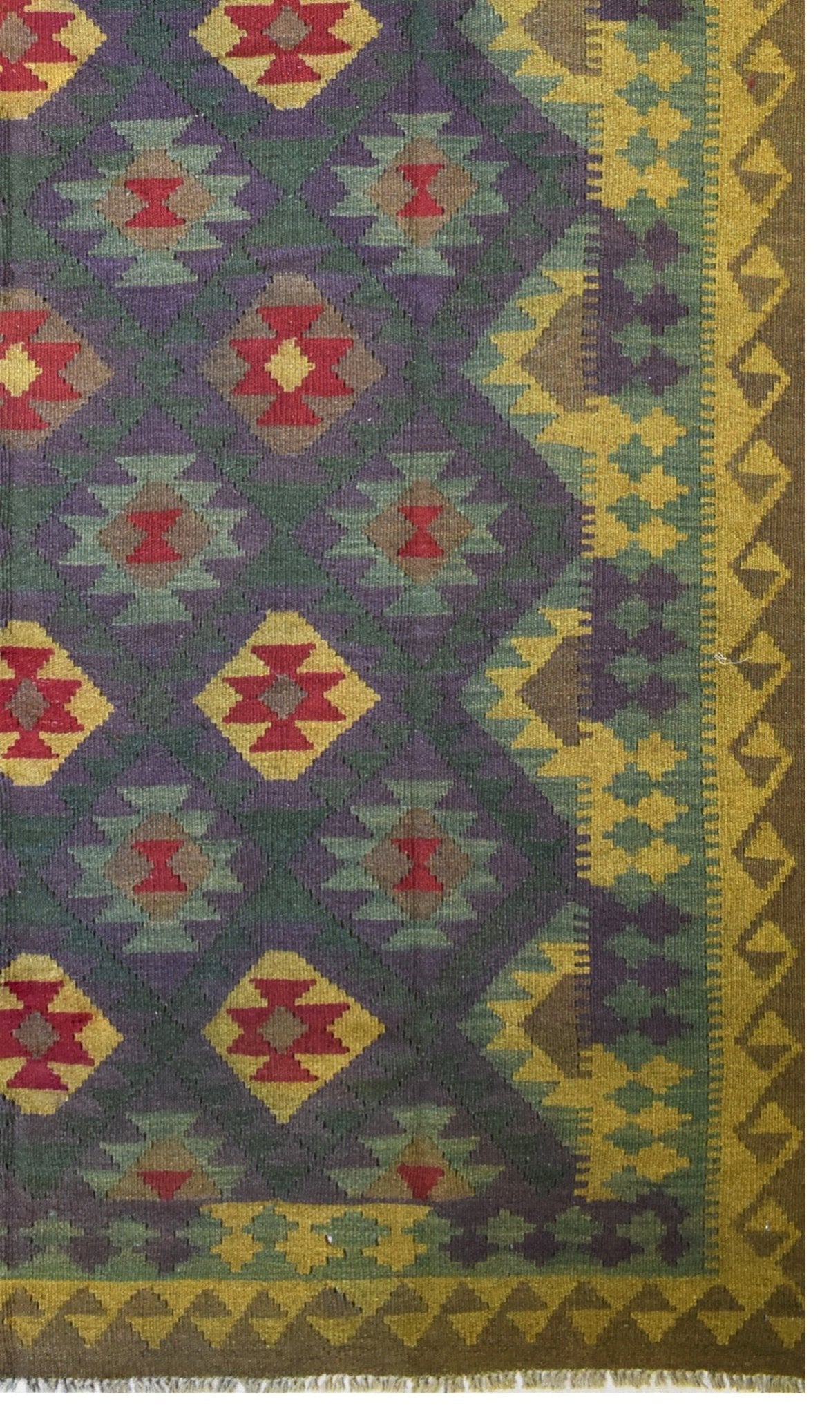 Afghan Maimana Kilim with geometric patterns in purple, green, and yellow.
