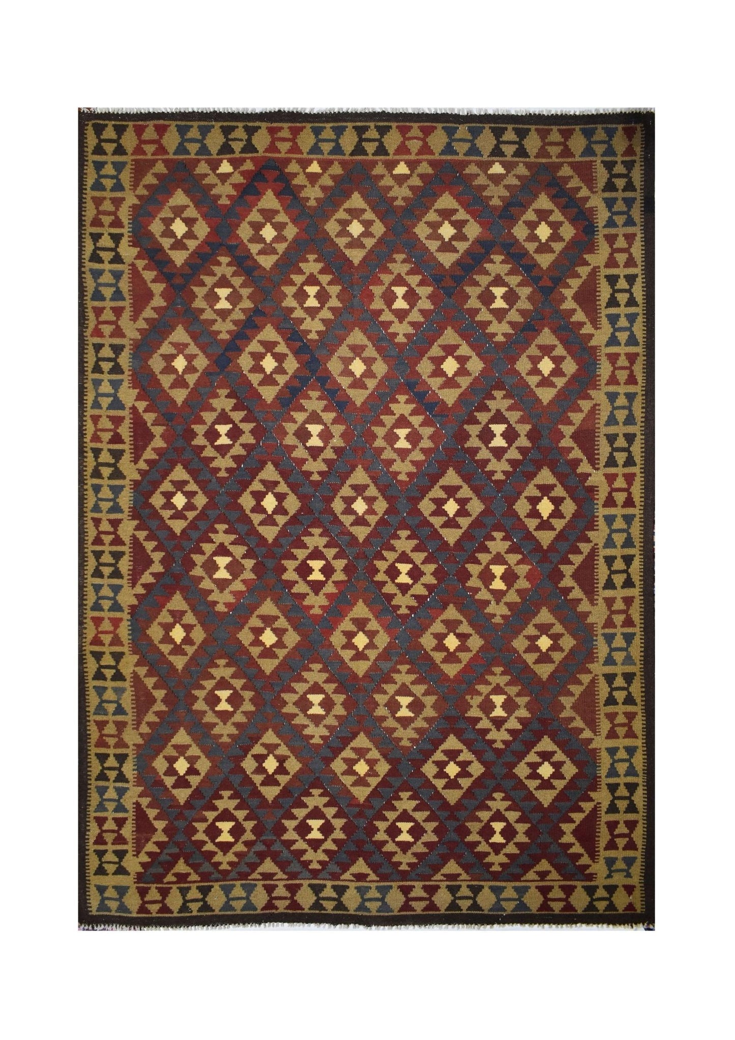 Handmade Afghan Maimana kilim rug featuring a geometric diamond pattern in earthy tones.