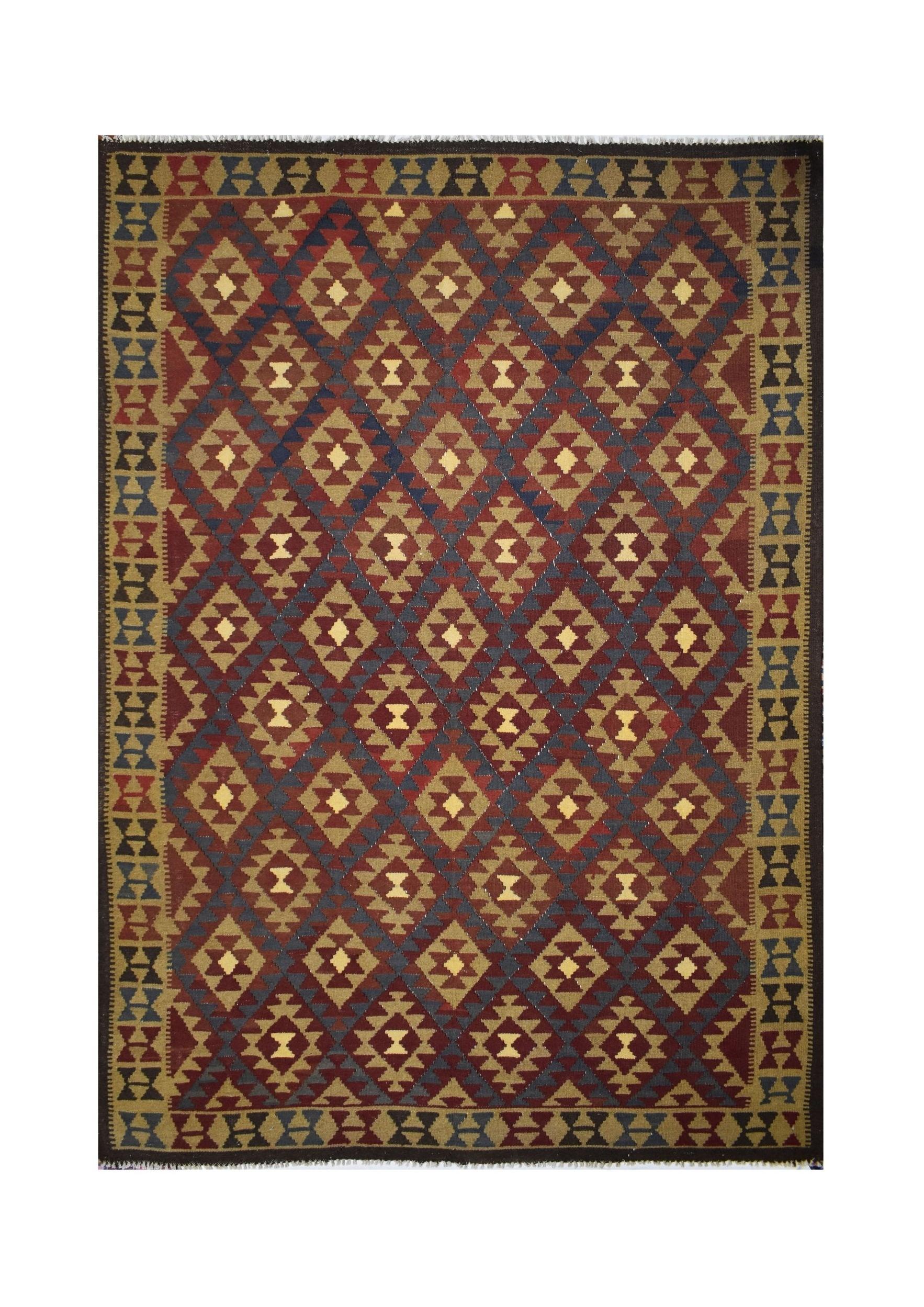 Handmade Afghan Maimana kilim rug featuring a geometric diamond pattern in earthy tones.