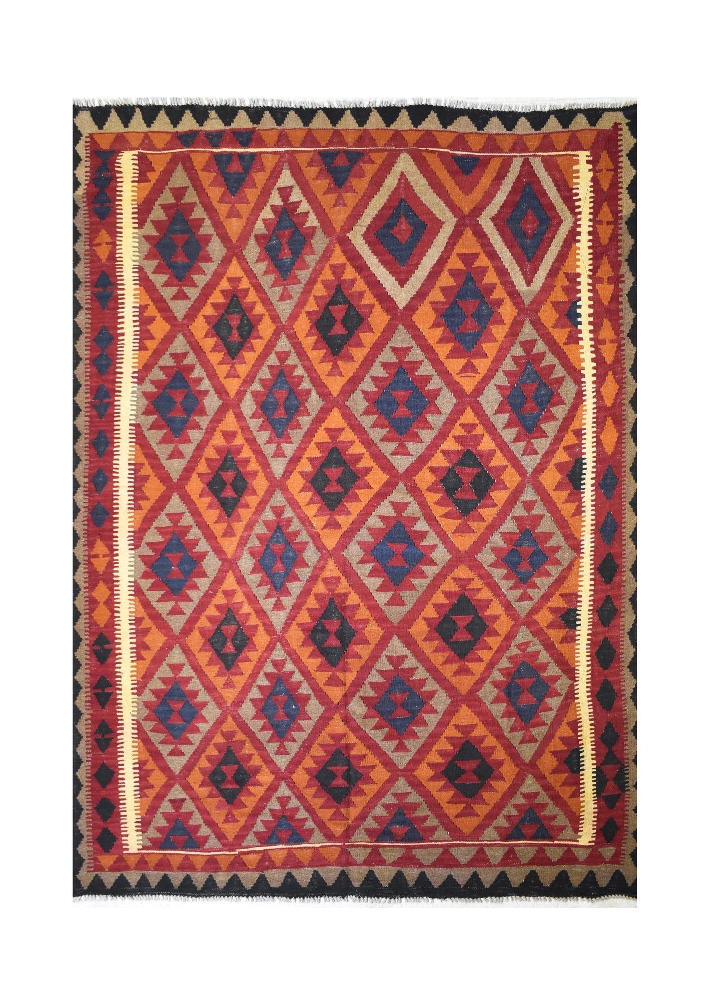 Handmade Afghan Maimana kilim rug featuring a vibrant geometric diamond pattern in wool.