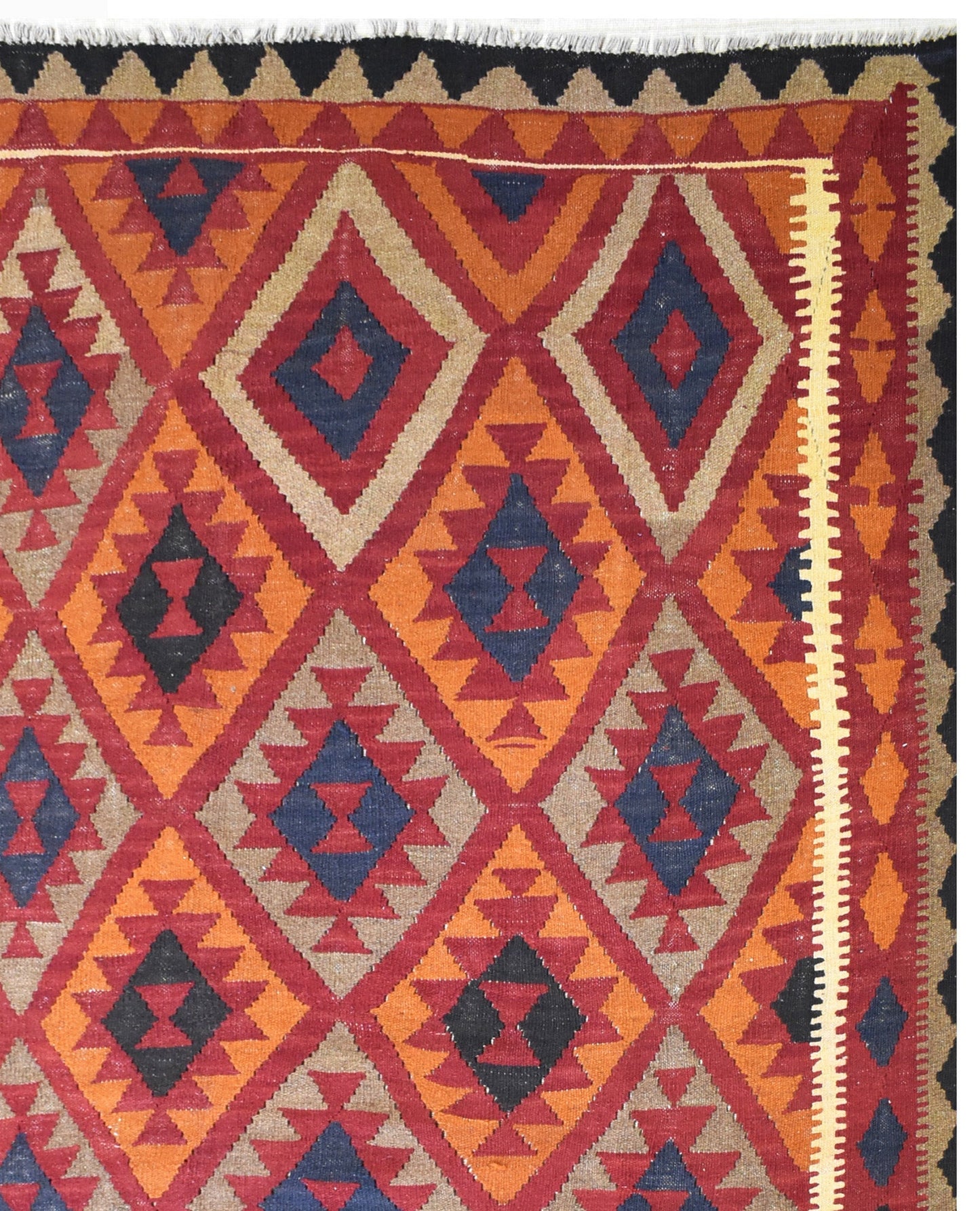 Handmade Afghan Maimana kilim rug featuring a geometric diamond pattern in red, orange, and blue.