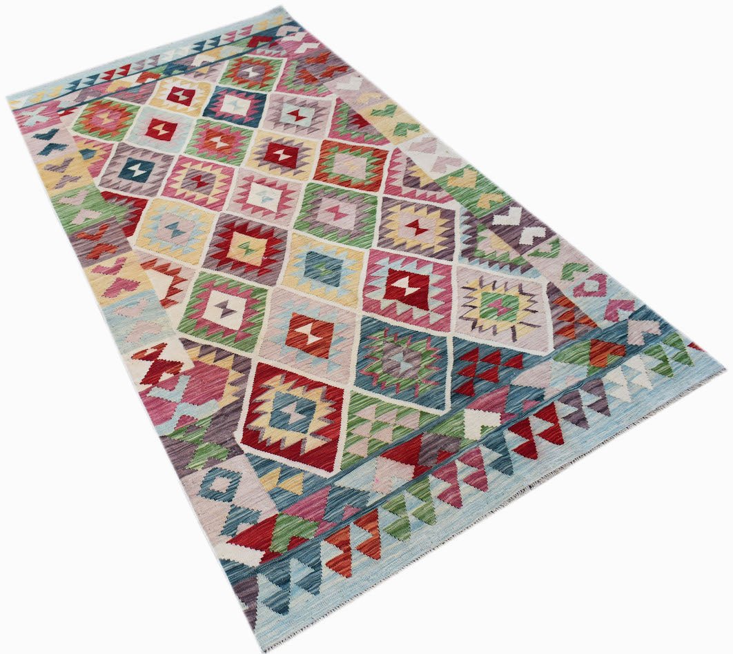 Afghan Maimana Kilim with colorful geometric diamond patterns.