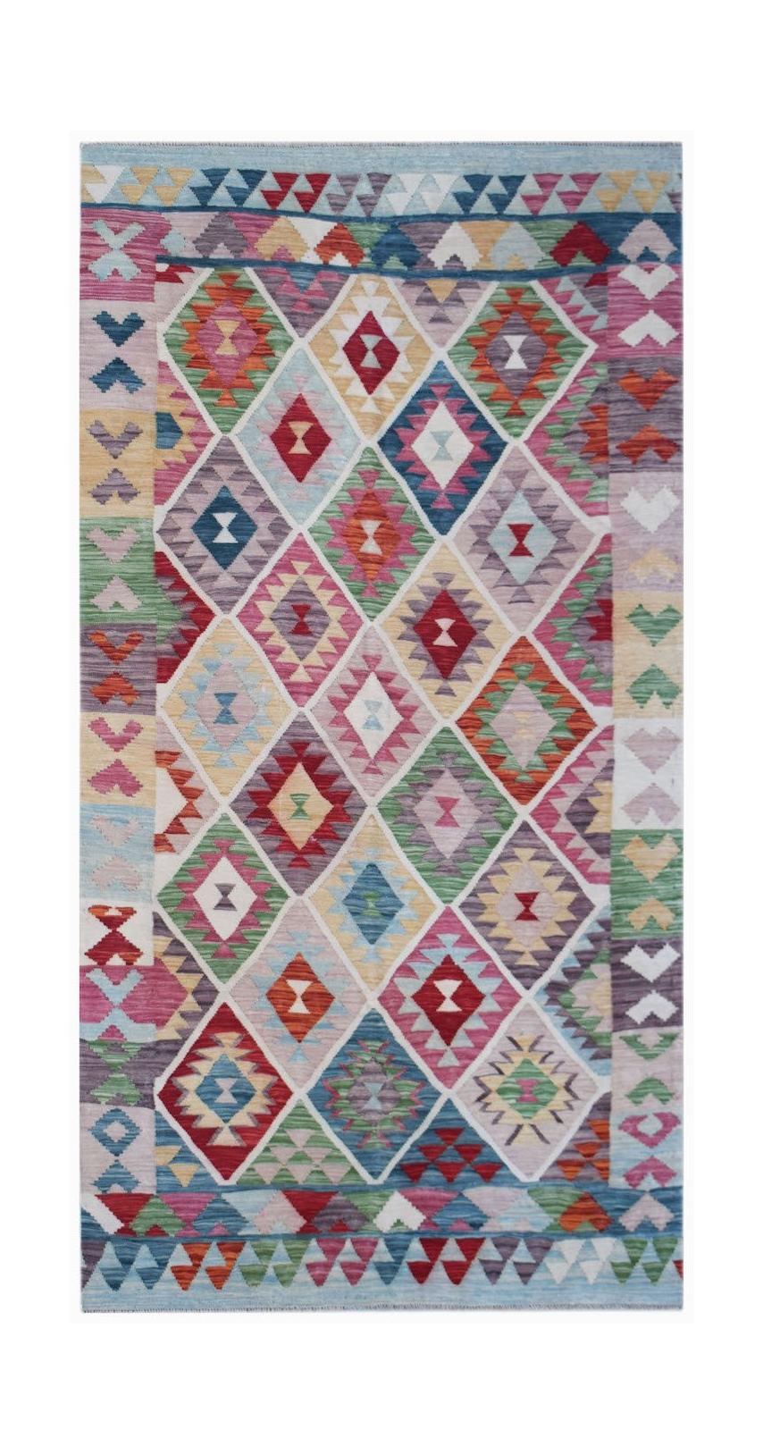 Handwoven Afghan Maimana kilim rug featuring a colorful geometric diamond pattern in wool.