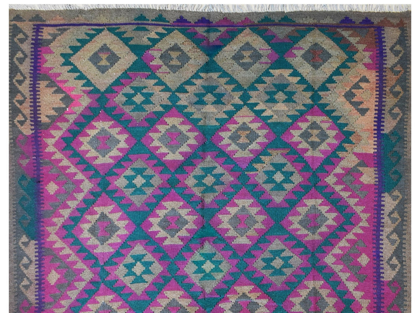Handmade Afghan Maimana kilim rug featuring a geometric diamond pattern in teal, pink, and grey.