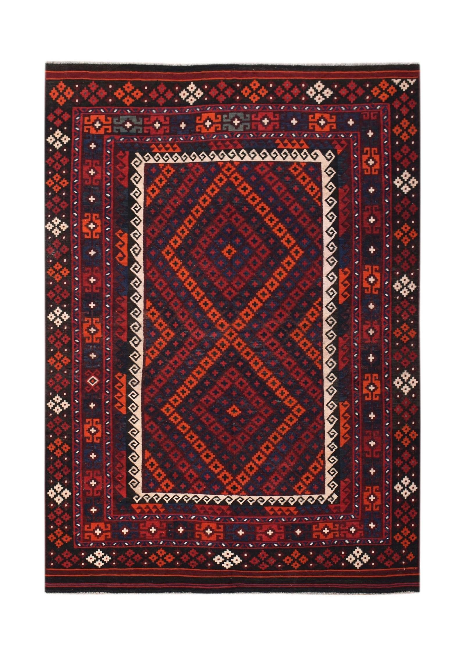 Handmade Afghan Maimana kilim featuring a geometric diamond pattern in red, blue, and cream wool.