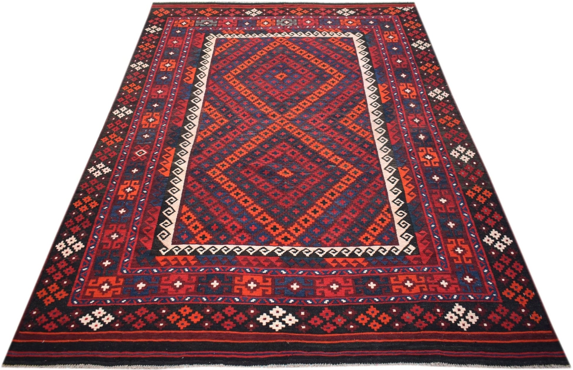 Handmade Afghan Maimana kilim rug featuring a geometric diamond pattern in red, blue, and black.
