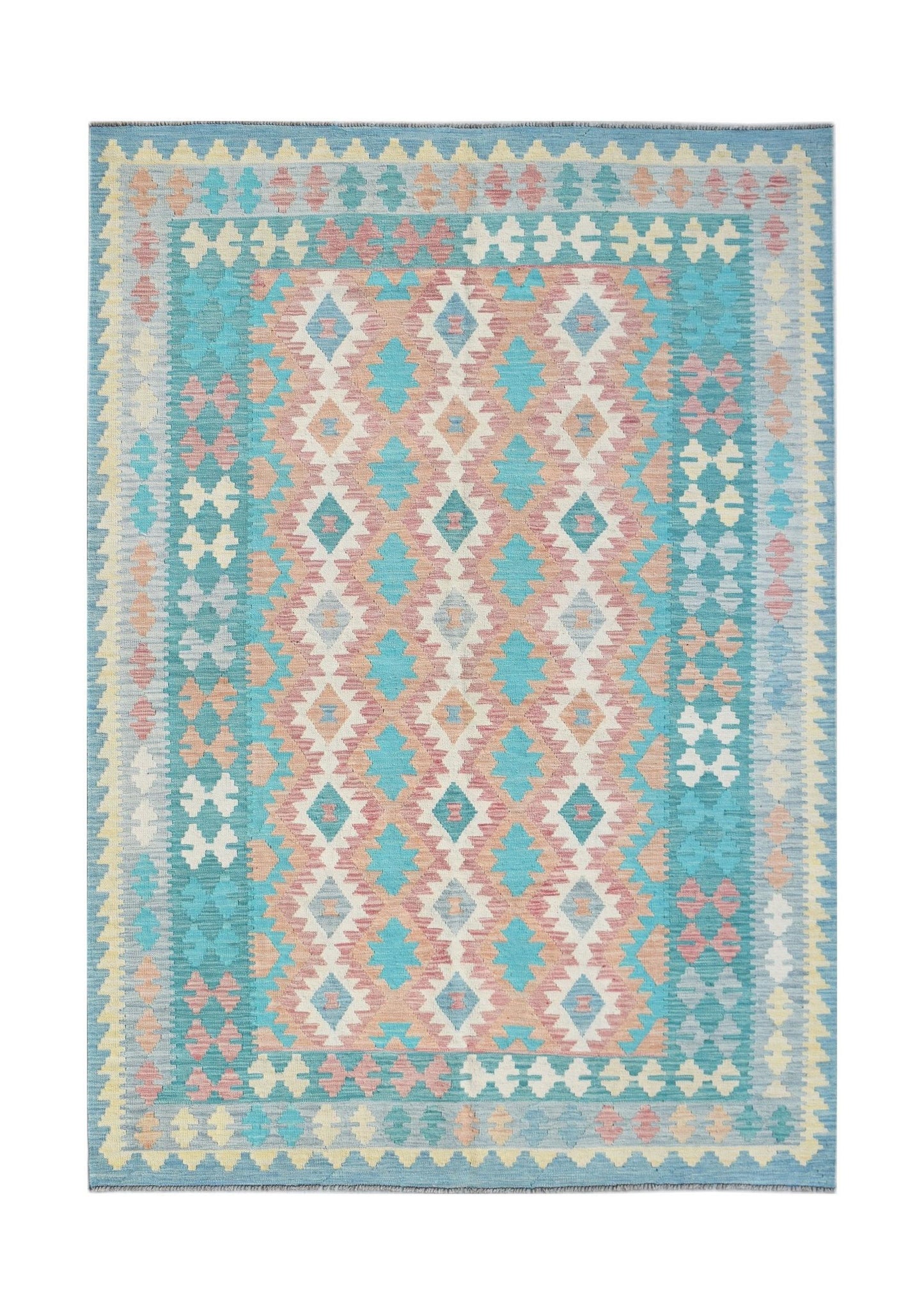 Handwoven Afghan Maimana kilim rug featuring a geometric diamond pattern in blue, pink, and cream.