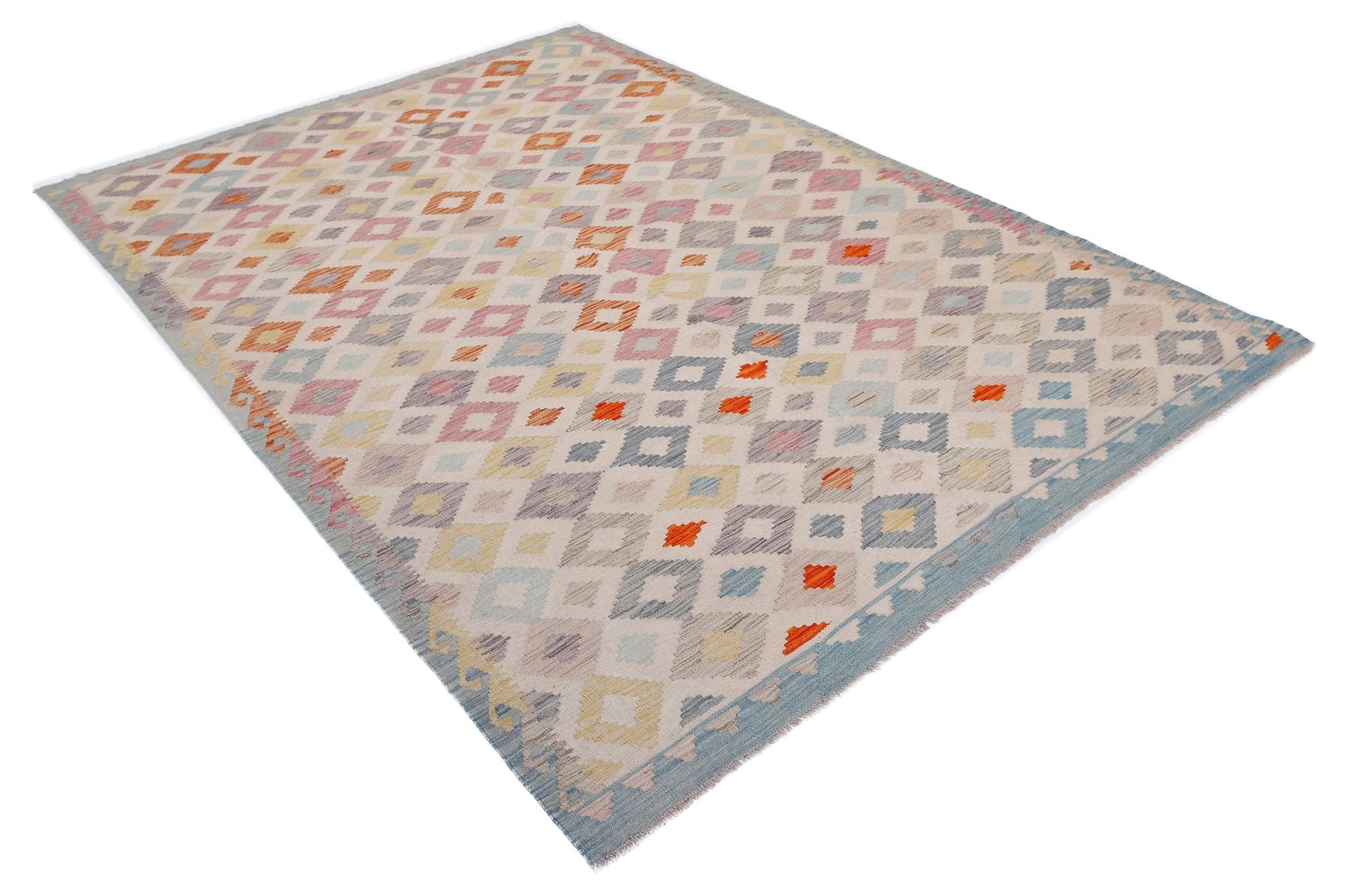 Handwoven Afghan Maimana kilim rug featuring a geometric diamond pattern in soft pastel tones.
