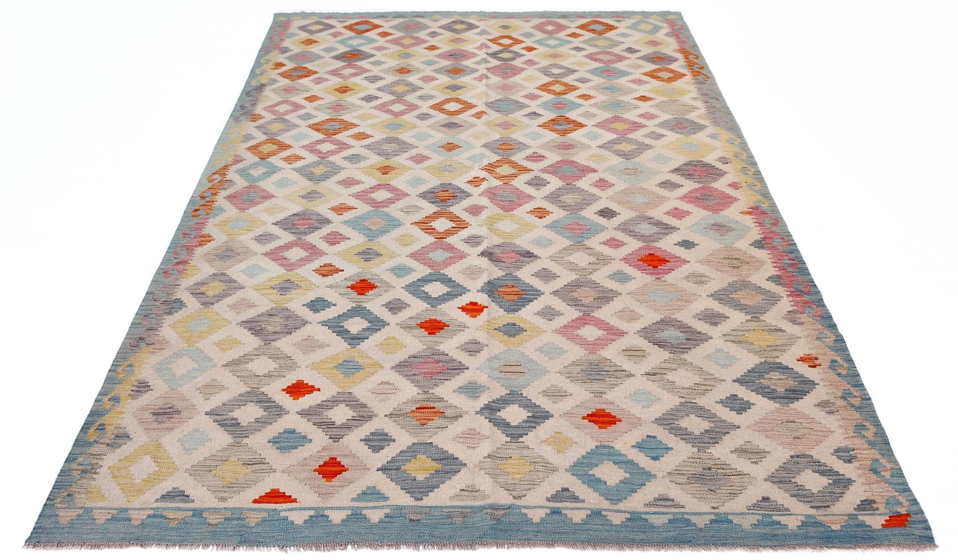 Handwoven Afghan Maimana Kilim rug featuring a multicolored geometric diamond pattern.