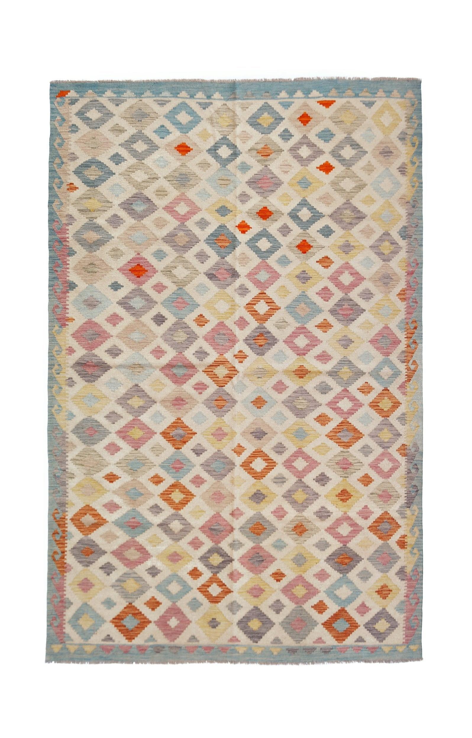 Handwoven Afghan Maimana kilim rug featuring a multicolored geometric diamond pattern.