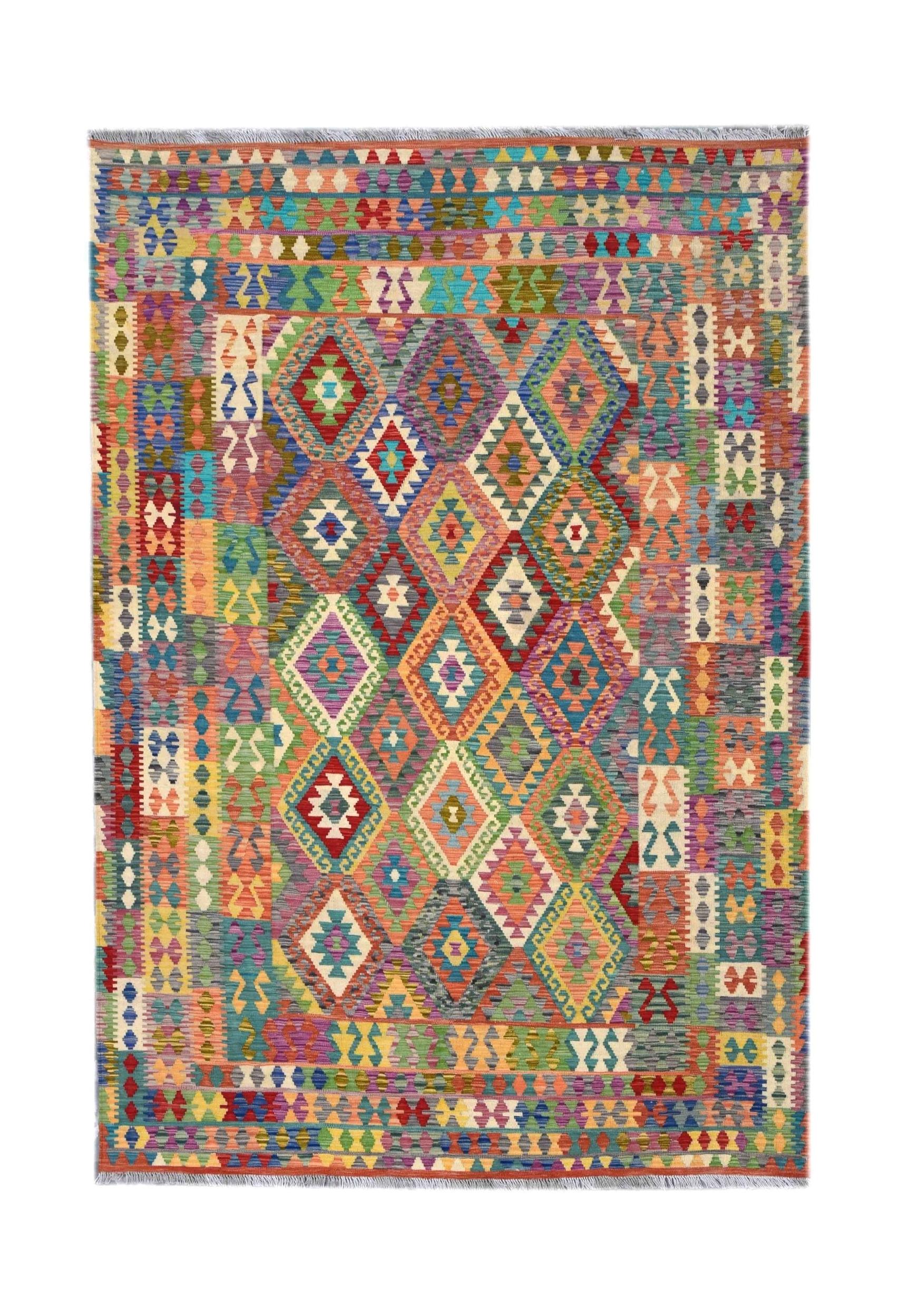 Handmade Afghan Maimana kilim rug featuring a vibrant geometric diamond pattern in wool.