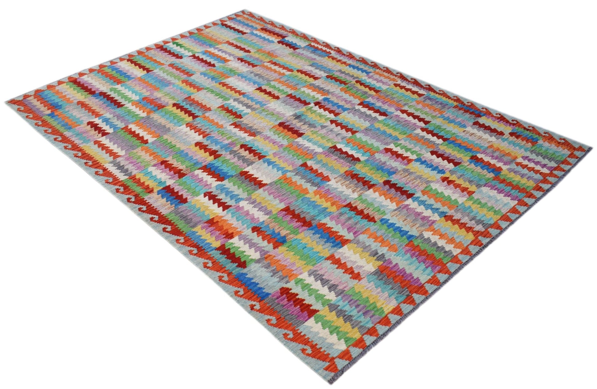 A rectangular handmade Afghan Maimana kilim rug featuring a vibrant, multicolored geometric pattern.