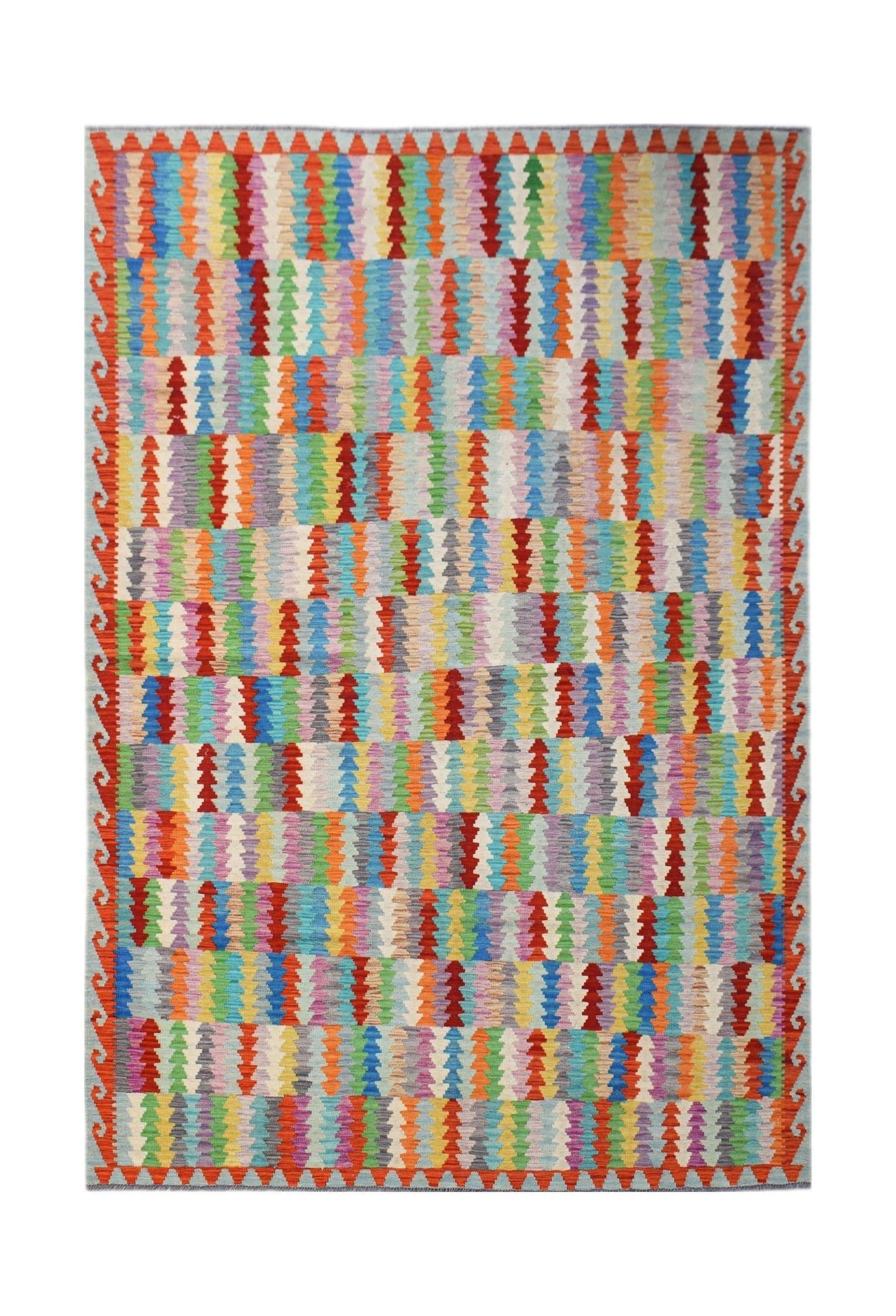 Handwoven Afghan Maimana kilim rug featuring a vibrant, multicolored geometric pattern.