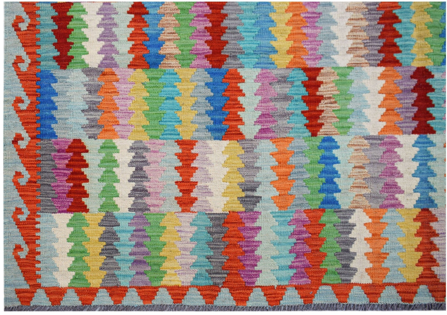 Handmade Afghan Maimana kilim featuring a vibrant, multi-colored geometric pattern.