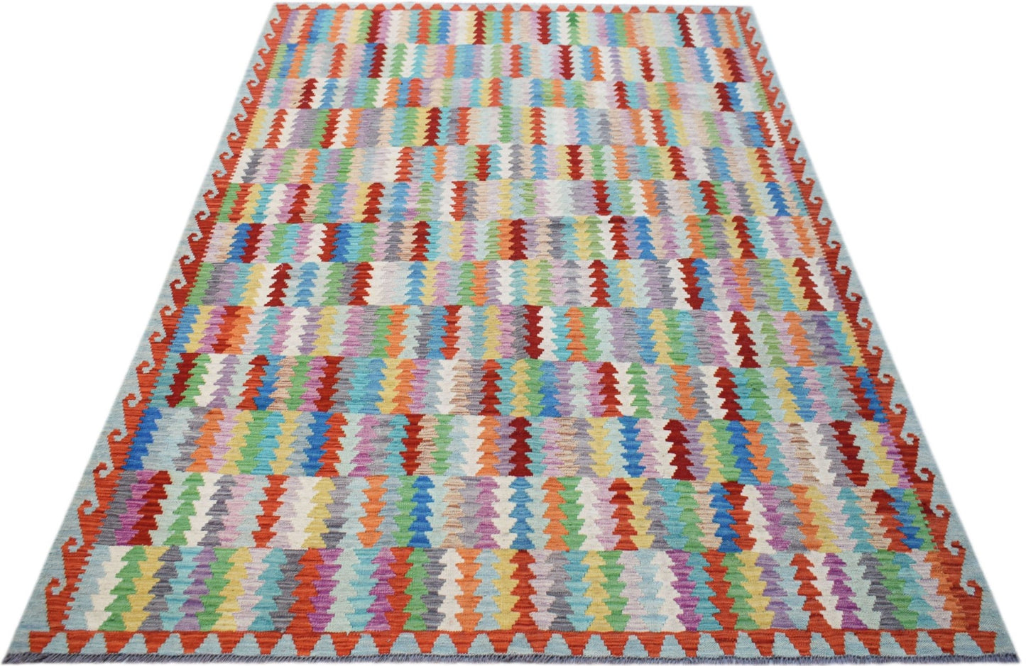 Handwoven Afghan Maimana Kilim rug featuring a vibrant, multicolored geometric pattern.