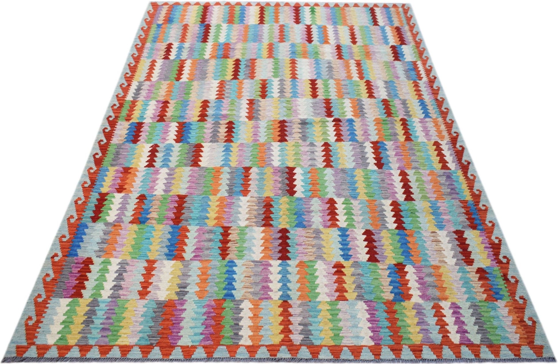 Handwoven Afghan Maimana Kilim rug featuring a vibrant, multicolored geometric pattern.