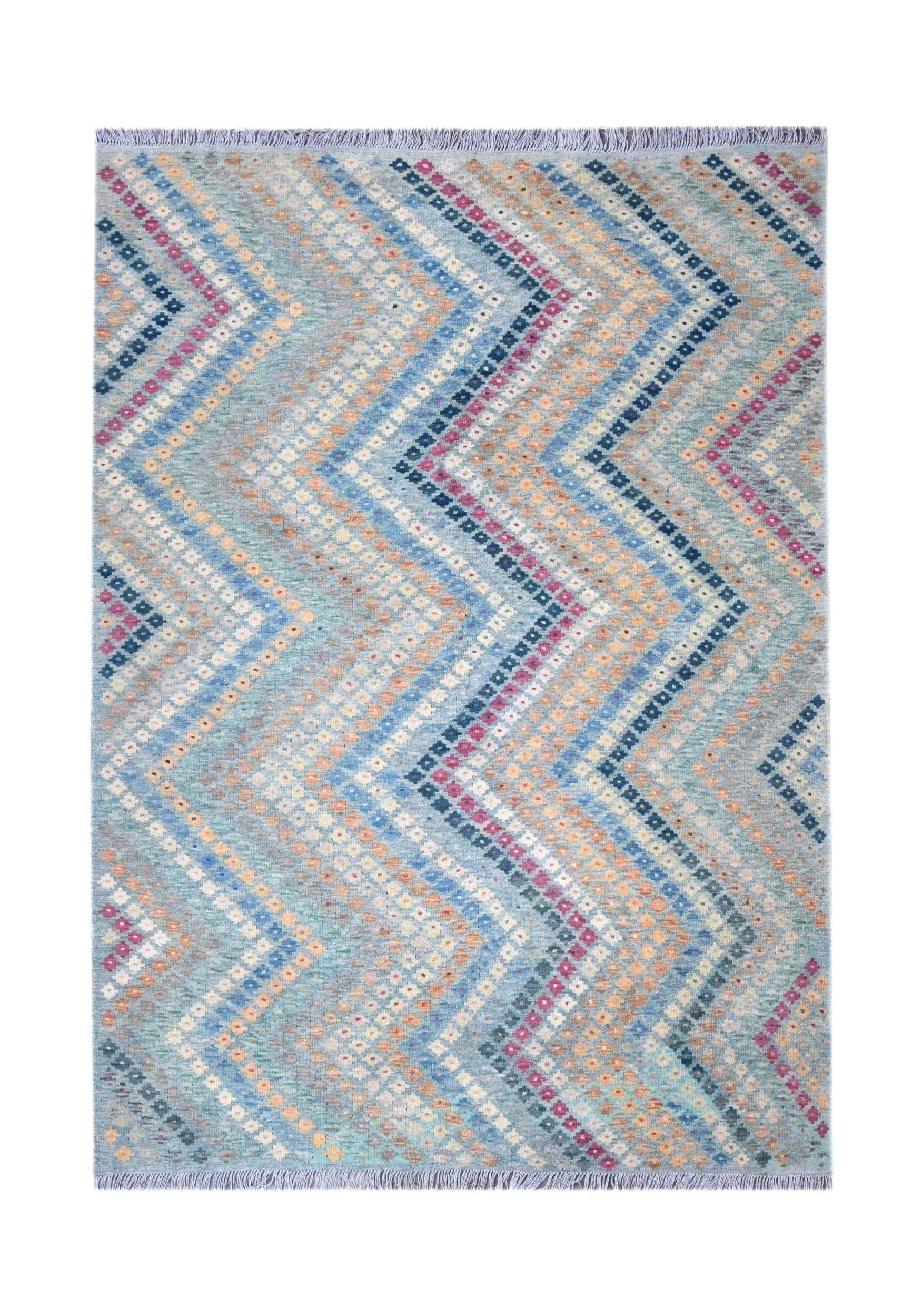 Handmade Afghan Maimana kilim rug featuring a colorful zigzag pattern on a light blue background.