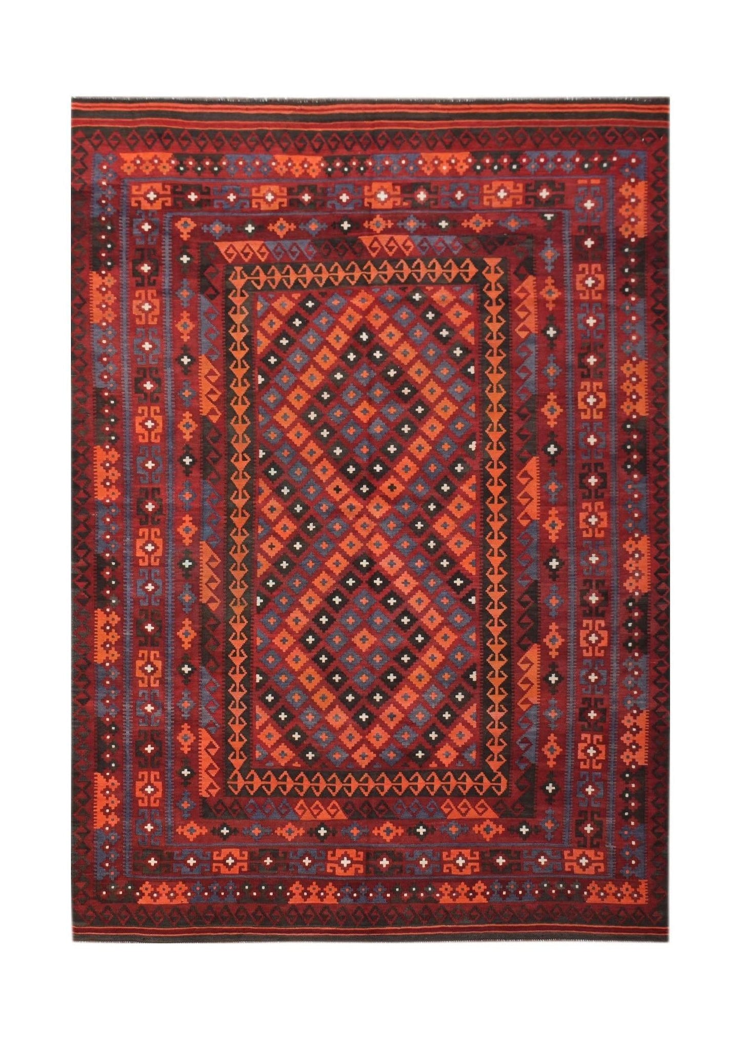 Handwoven Afghan Maimana Kilim rug featuring a geometric diamond pattern in red, blue, and black.