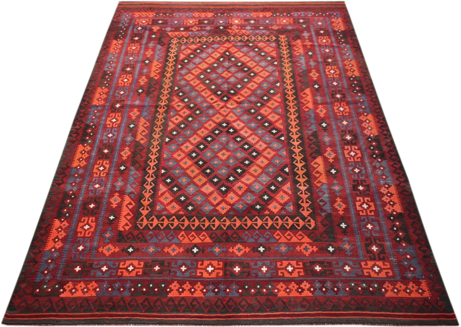 Handwoven Afghan Maimana kilim rug featuring a geometric diamond pattern in red and blue tones.