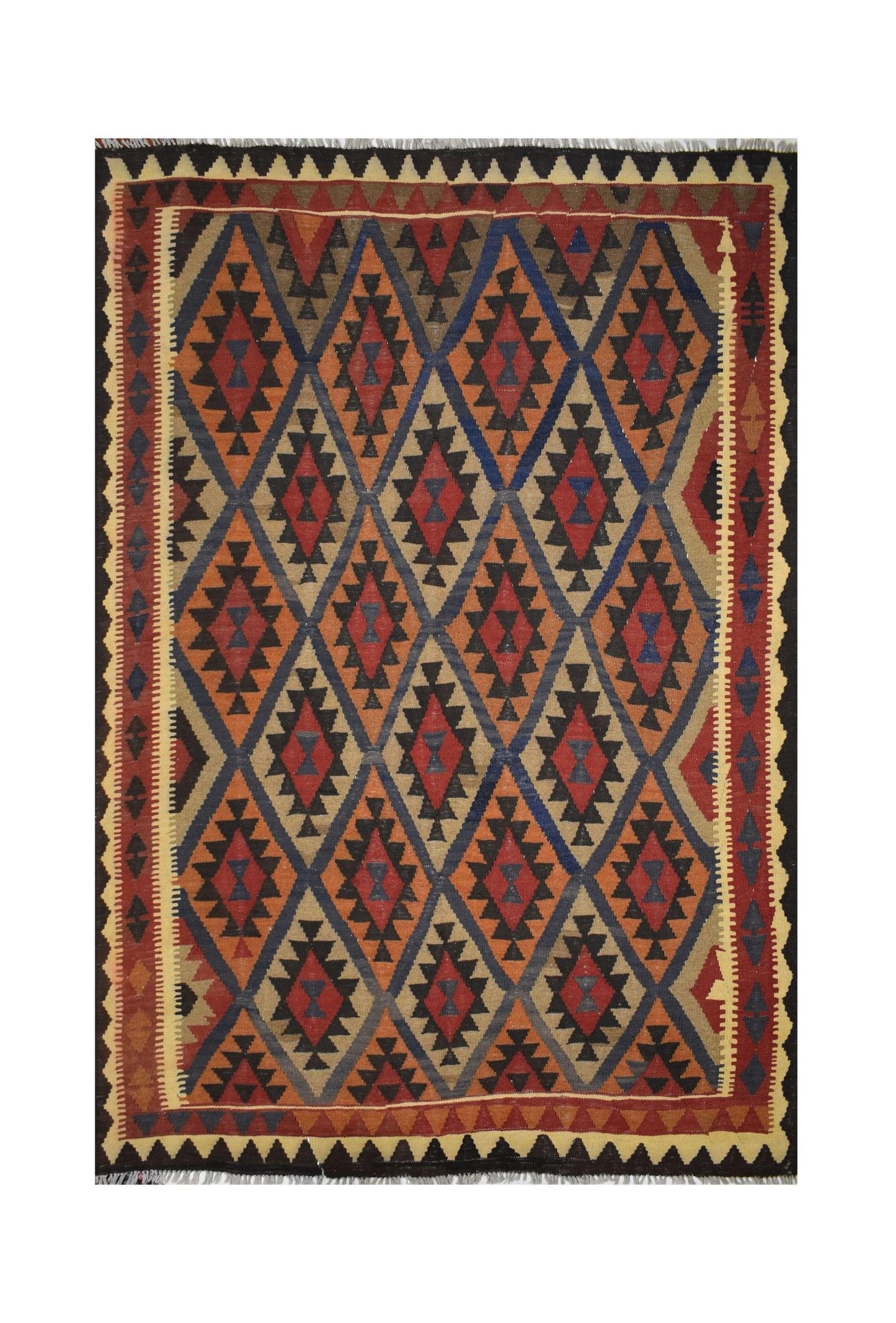 Handmade Afghan Maimana kilim rug featuring a repeating diamond pattern in earthy tones.