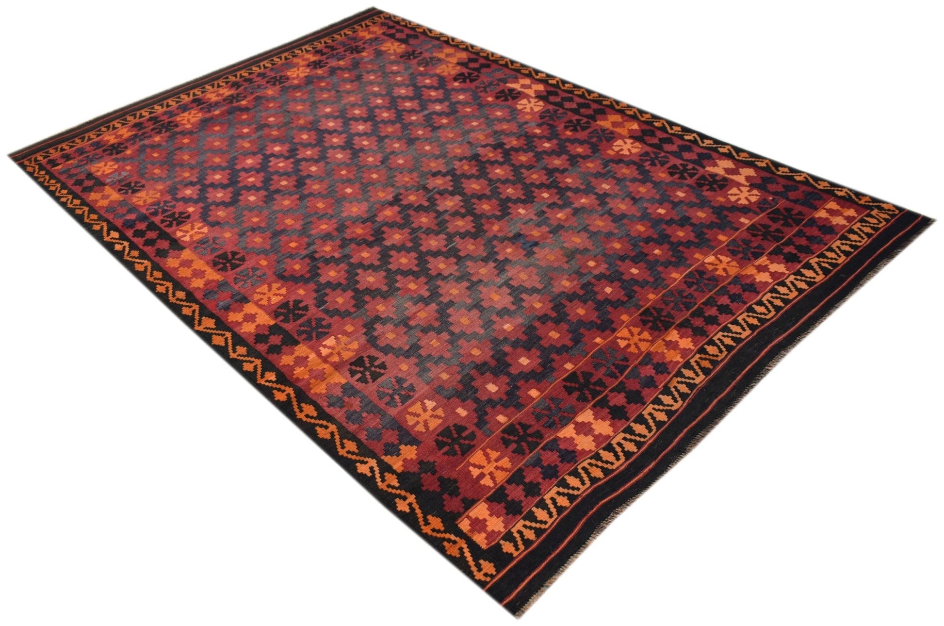 Handwoven Afghan Maimana kilim rug featuring a geometric pattern in shades of red and black.