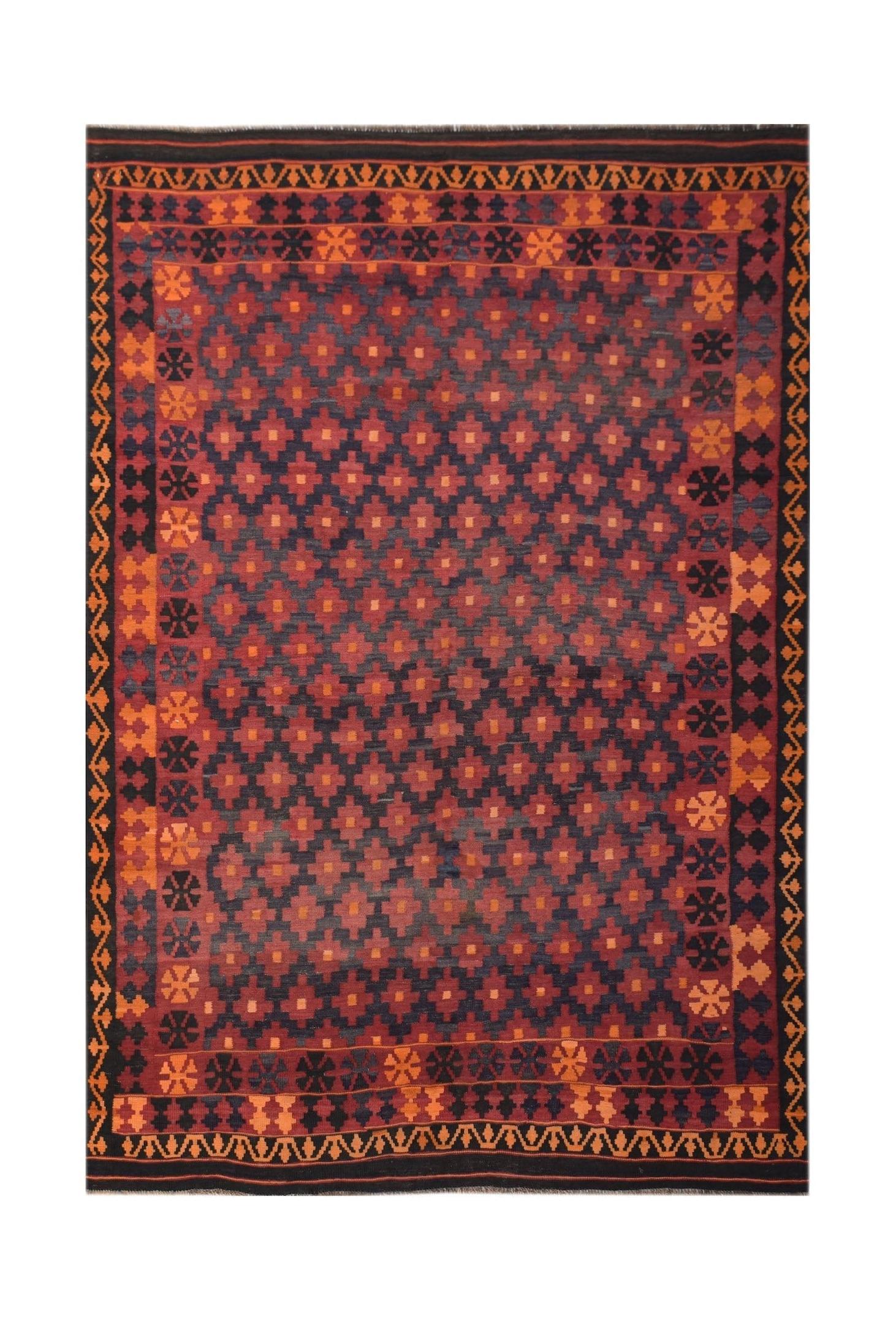 Handwoven Afghan Maimana kilim featuring a geometric pattern in shades of red, orange, and black.