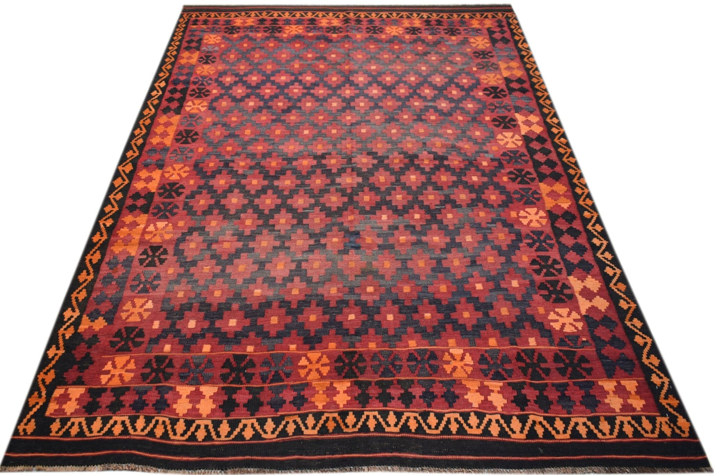 Handwoven Afghan Maimana kilim rug featuring a geometric pattern in red, orange, and black.