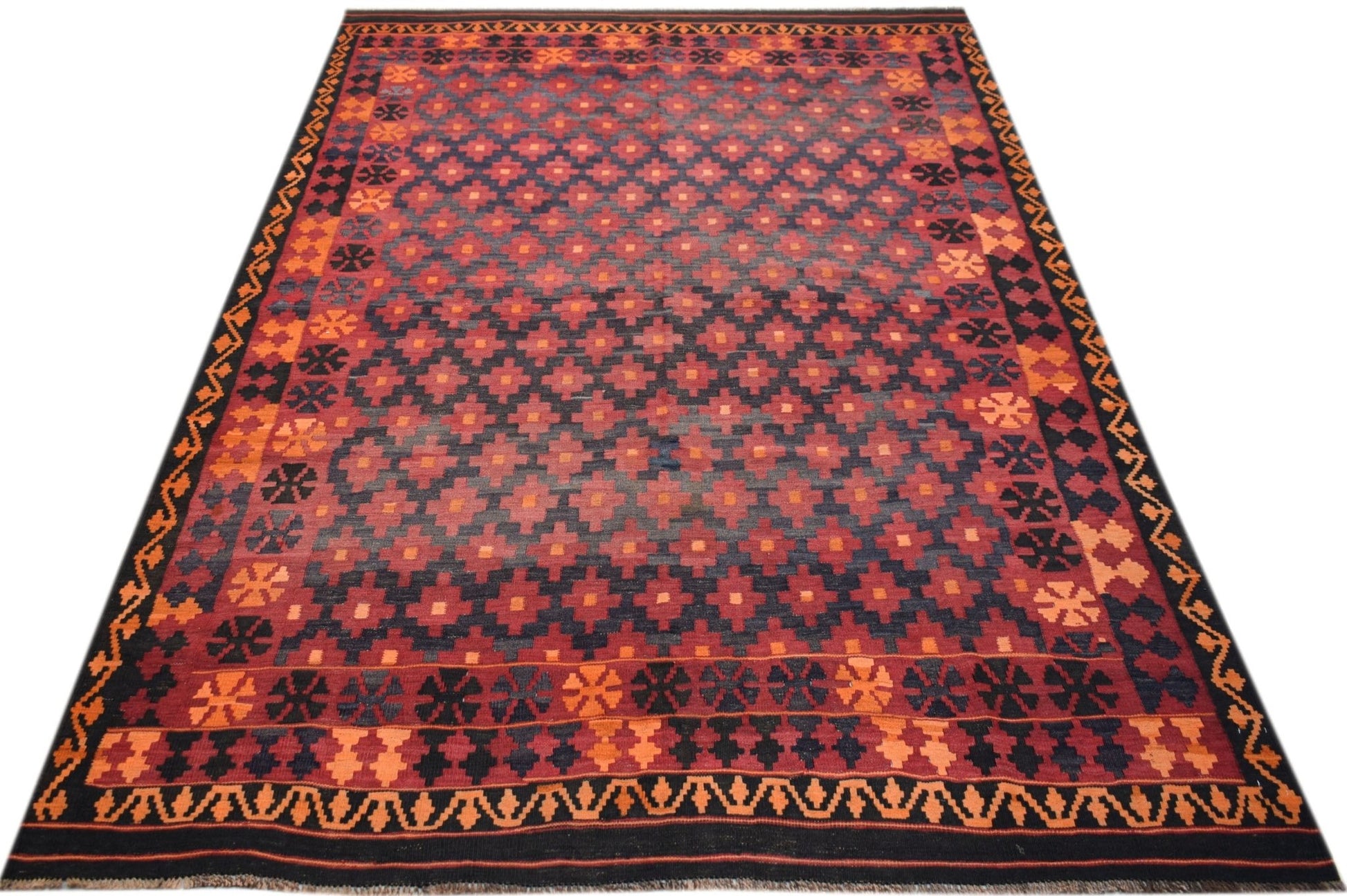 Handwoven Afghan Maimana kilim rug featuring a geometric pattern in red, orange, and black.