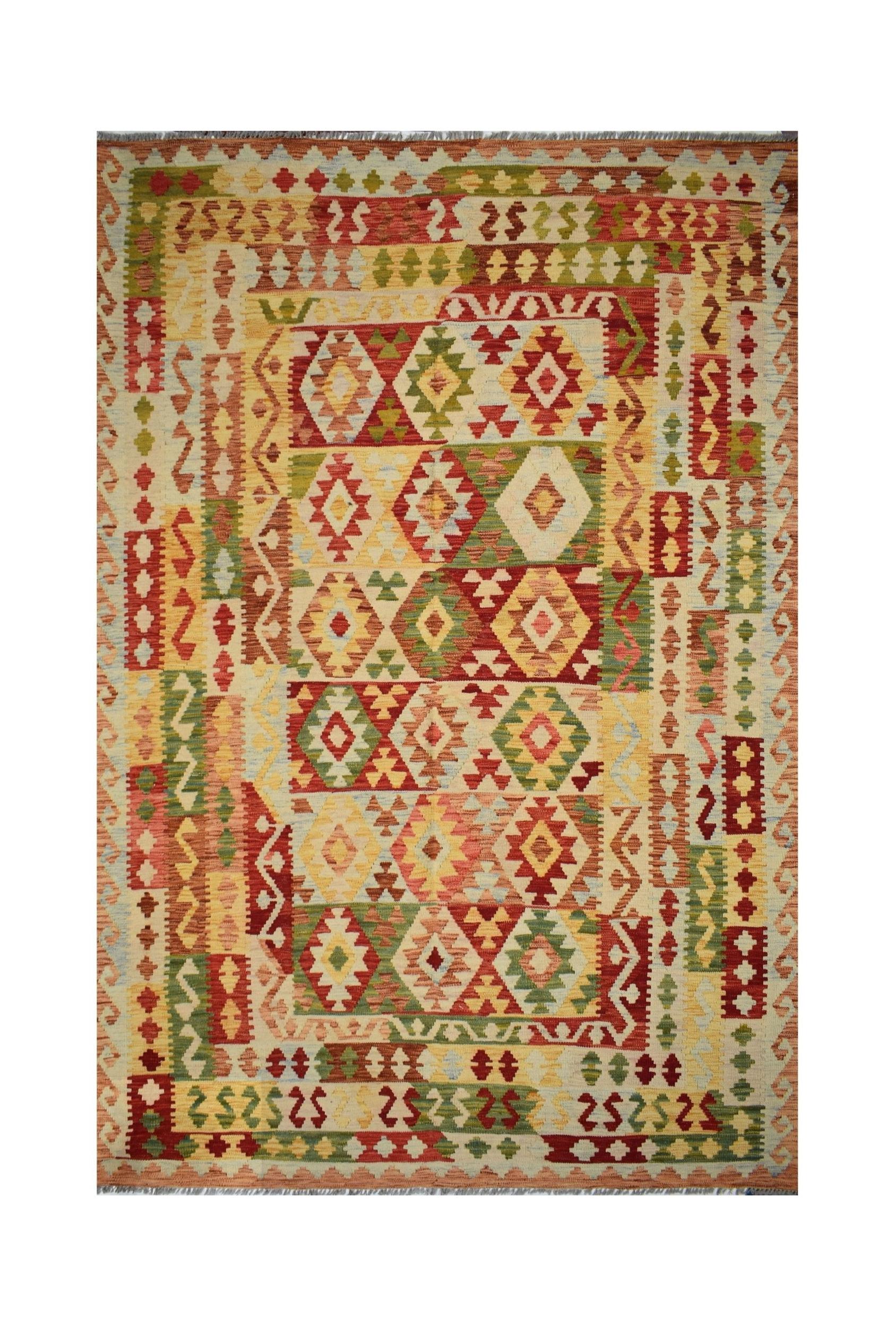 Handmade Afghan Maimana kilim rug featuring a vibrant geometric pattern in natural wool.