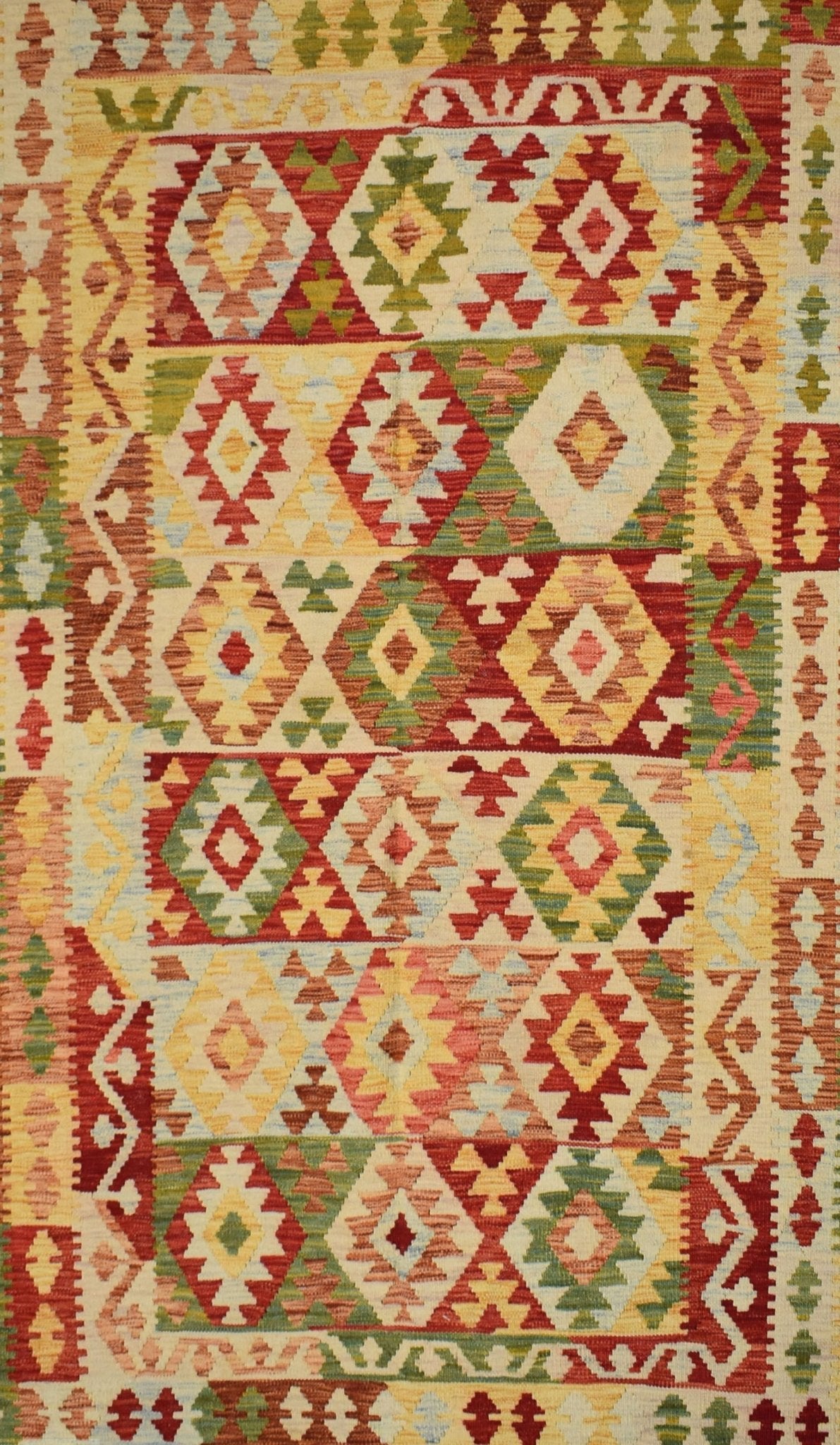 Handmade Afghan Maimana kilim rug featuring a colorful geometric diamond pattern in natural wool.