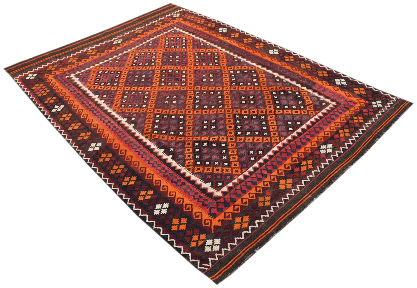 Handwoven Afghan Maimana kilim rug featuring a geometric diamond pattern in orange and dark tones.