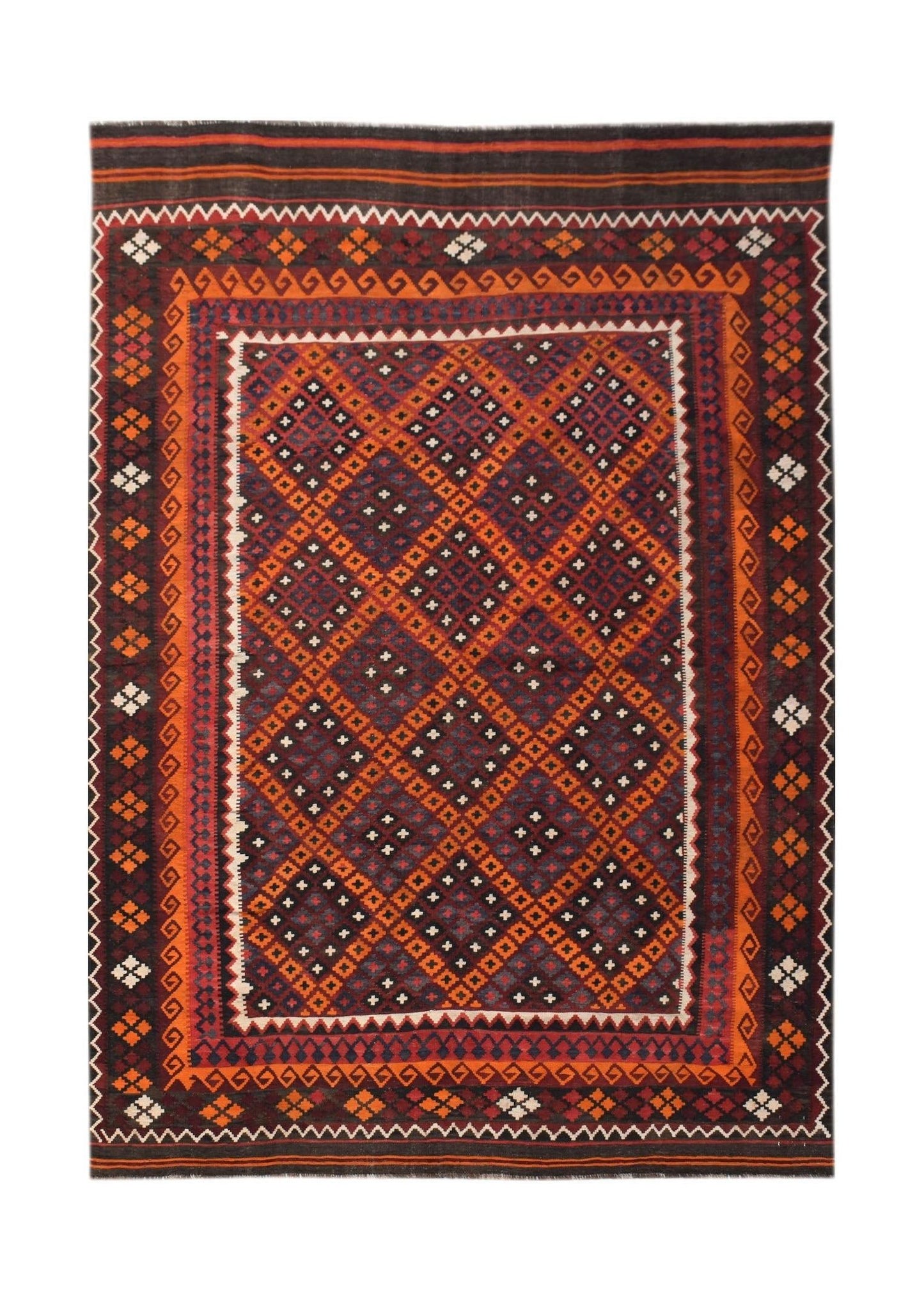 Handwoven Afghan Maimana kilim rug featuring a geometric diamond pattern in orange and dark tones.