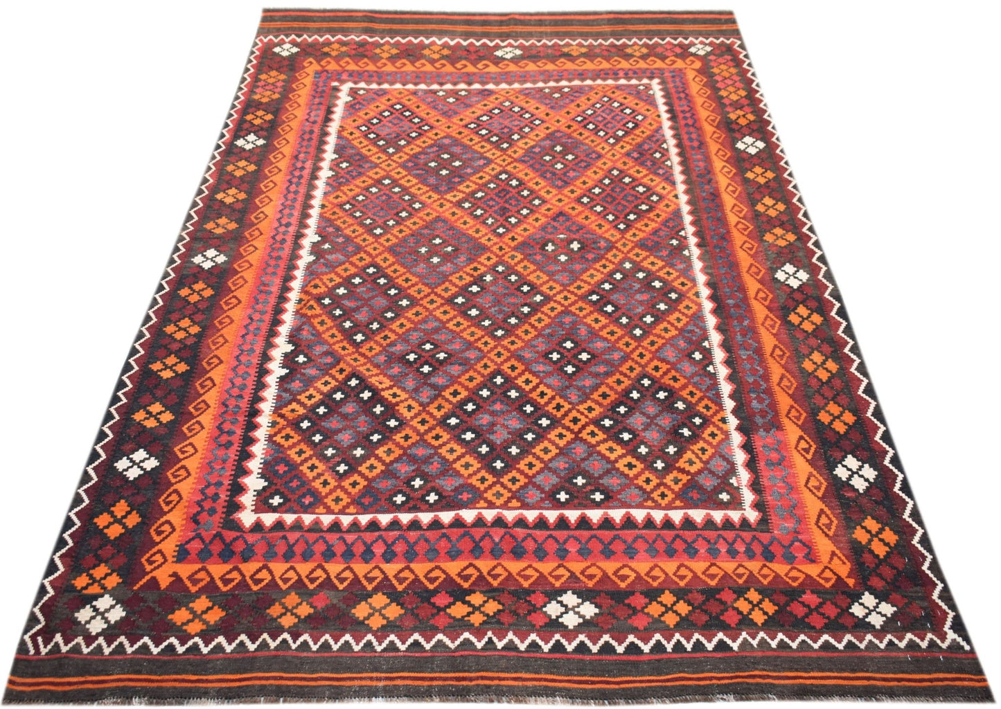 Handwoven Afghan Maimana kilim rug featuring a geometric diamond pattern in warm earth tones.