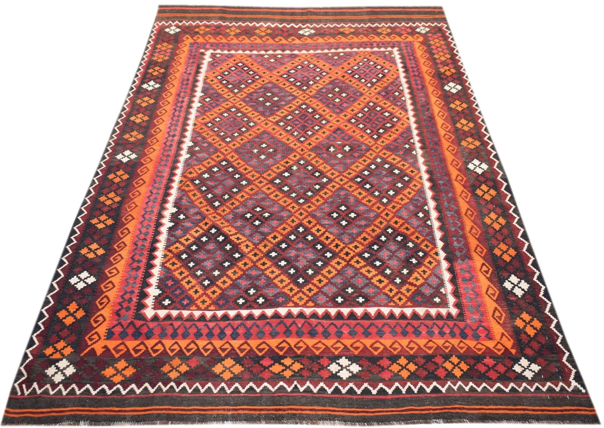 Handwoven Afghan Maimana kilim rug featuring a geometric diamond pattern in warm earth tones.