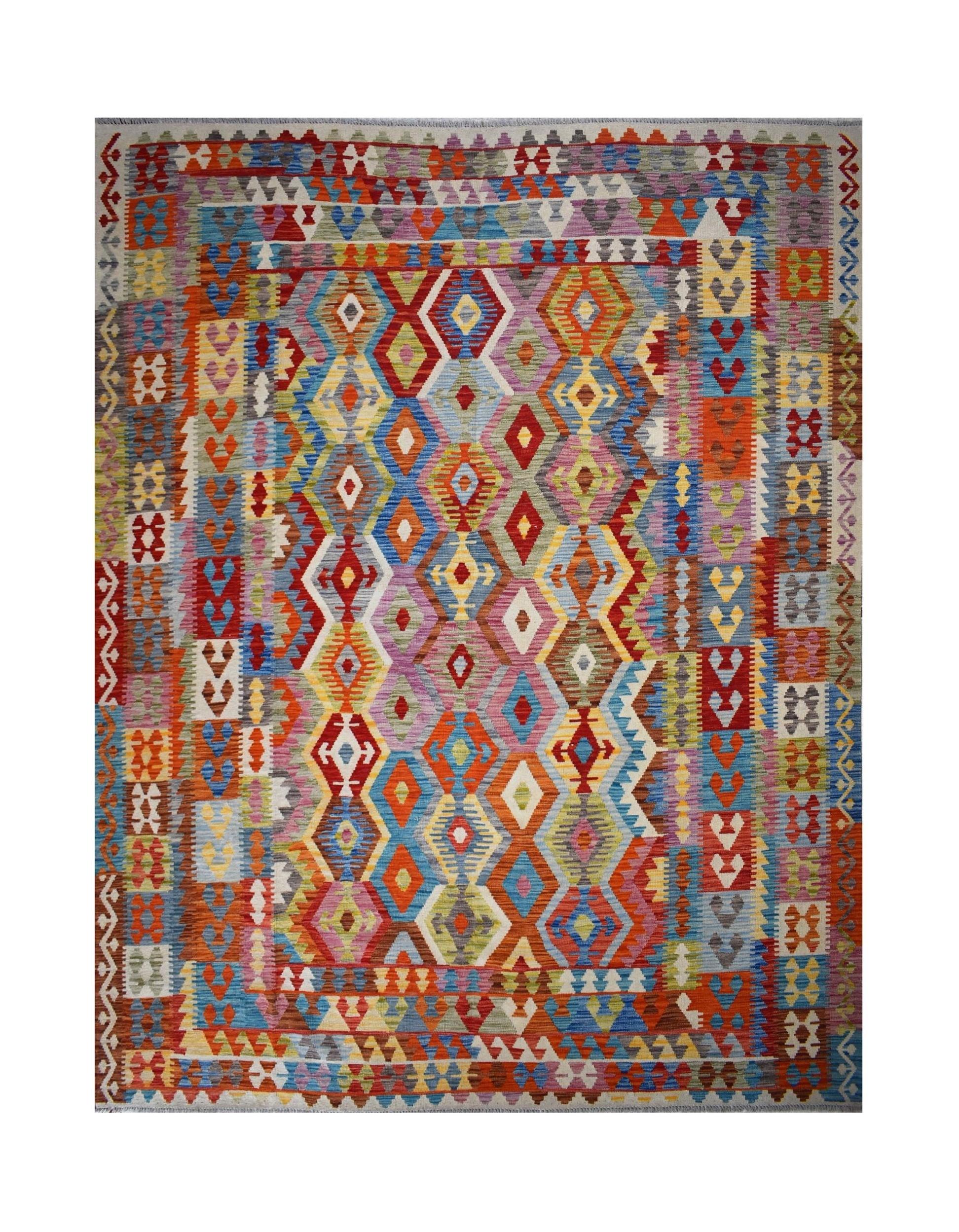 Handmade Afghan Maimana kilim rug featuring a vibrant, multi-colored geometric diamond pattern.