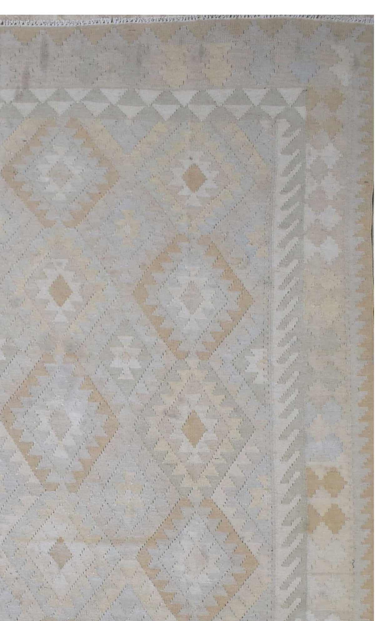 Handmade Afghan Maimana kilim rug featuring a geometric diamond pattern in neutral beige tones.
