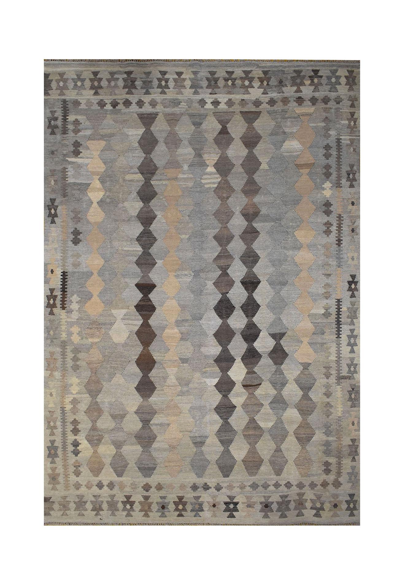 Handmade Afghan Maimana kilim rug featuring a geometric diamond pattern in neutral earth tones.