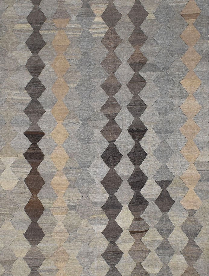 Handmade Afghan Maimana kilim rug featuring a repeating vertical pattern of geometric diamonds.