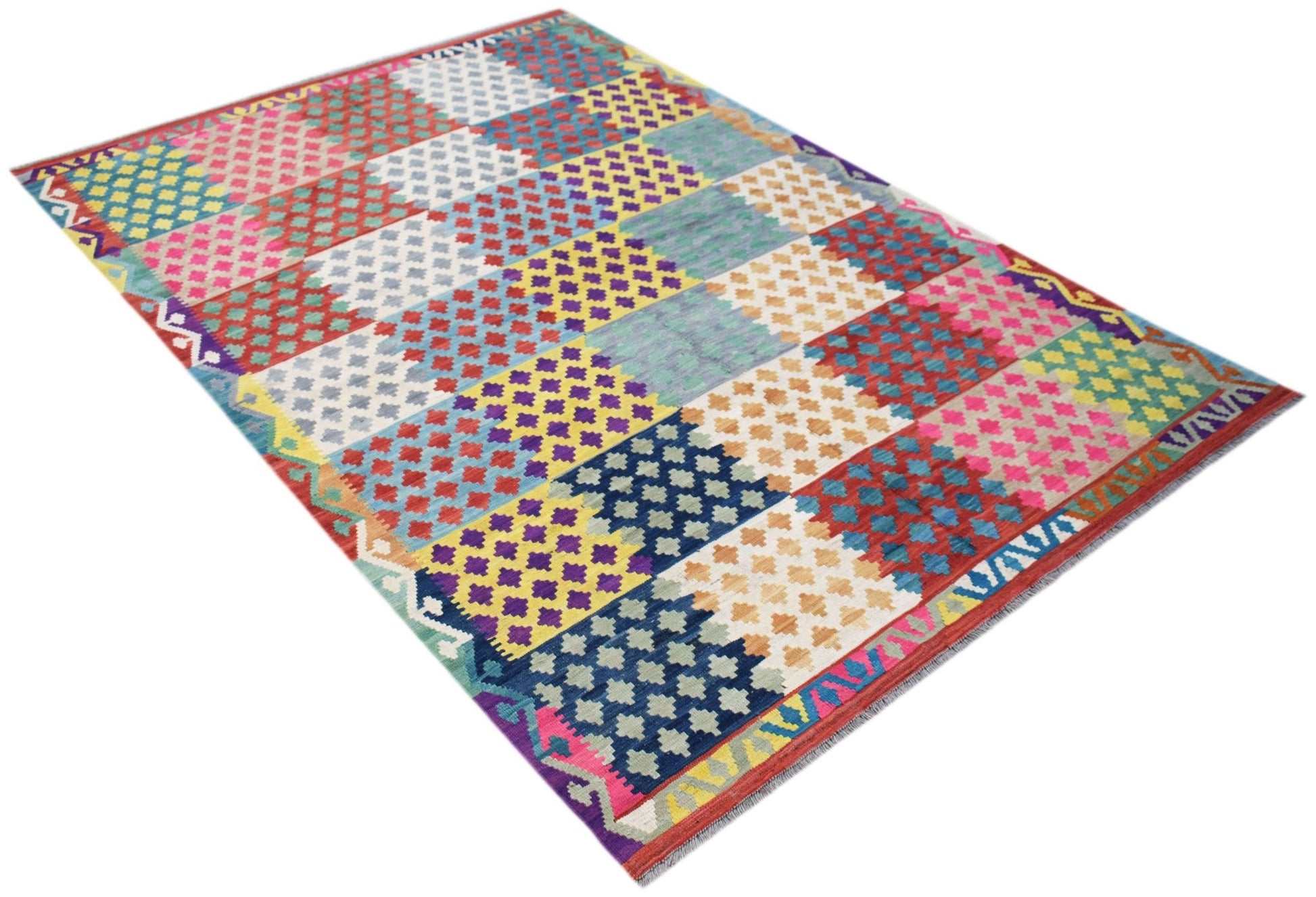 A rectangular Afghan Maimana kilim rug featuring a vibrant, multi-colored geometric block pattern.