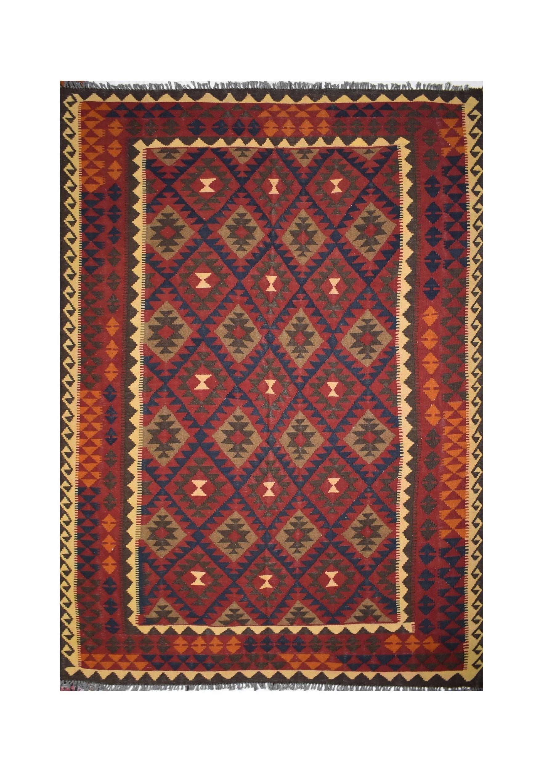 Handmade Afghan Maimana kilim rug featuring a geometric diamond pattern in red, blue, and brown.