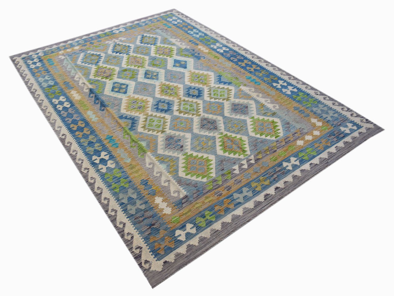 Handwoven Afghan Maimana kilim rug featuring a geometric diamond pattern in blue, green, and tan.