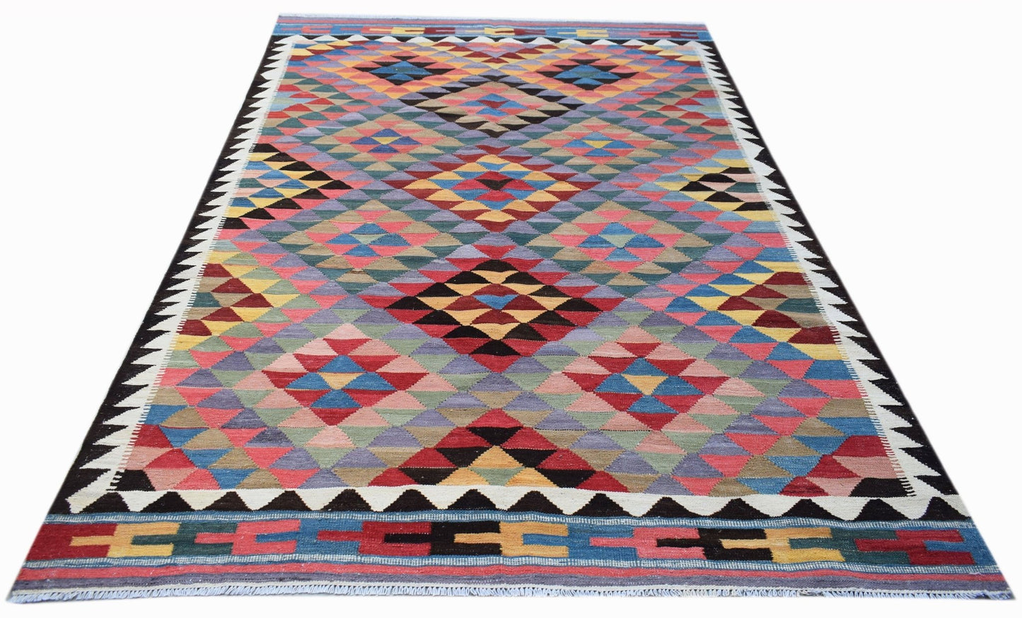 Handwoven Afghan Maimana kilim rug featuring a colorful geometric diamond pattern.