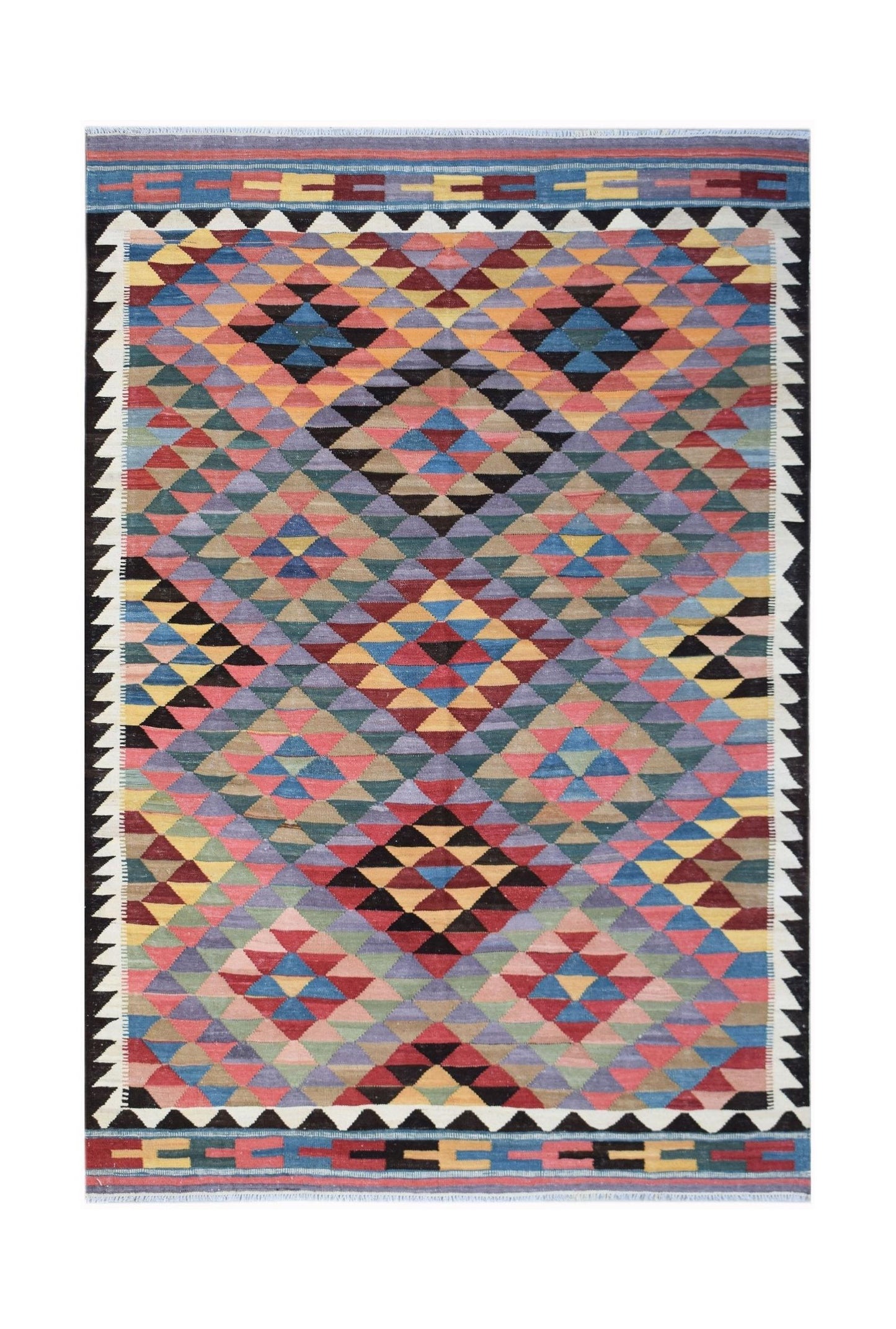Handwoven Afghan Maimana kilim rug featuring a colorful geometric diamond pattern.