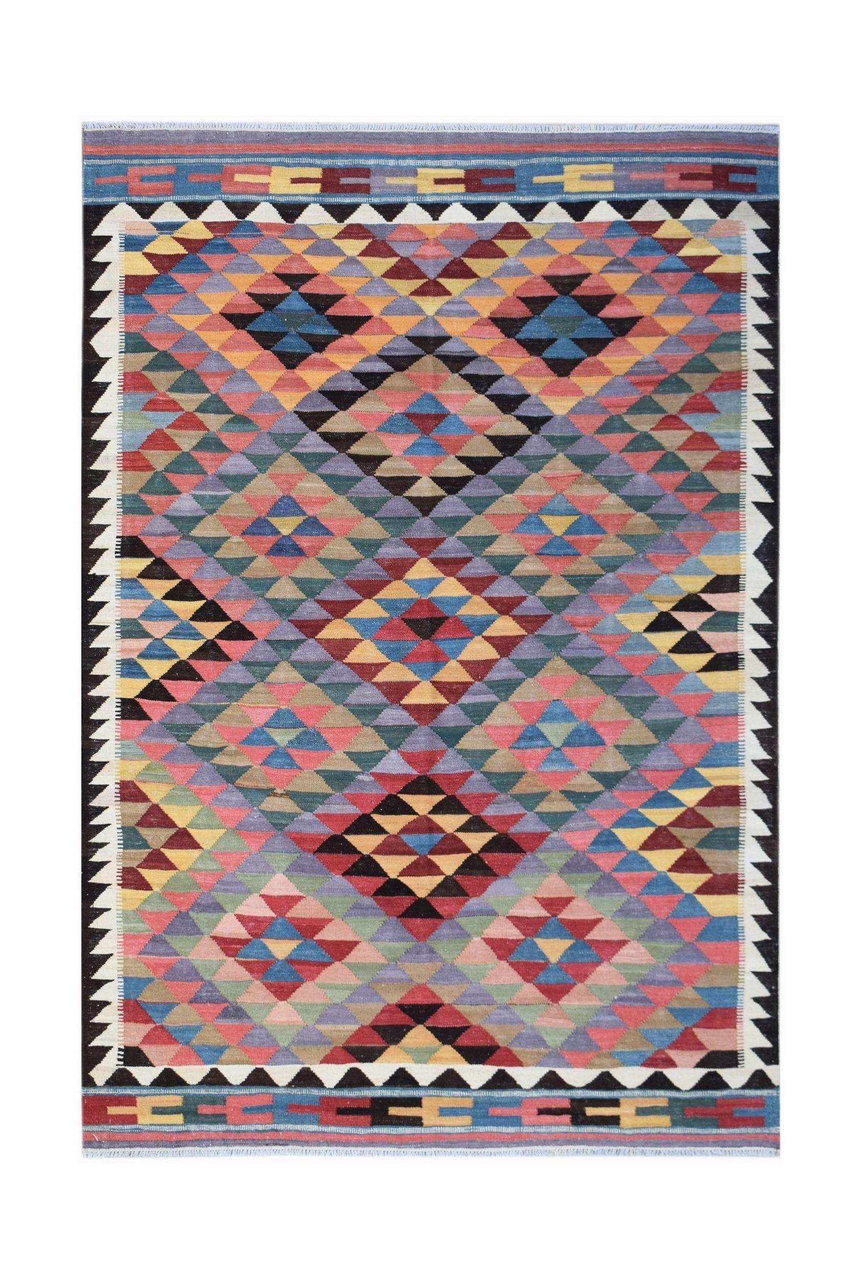 Handwoven Afghan Maimana kilim rug featuring a colorful geometric diamond pattern.