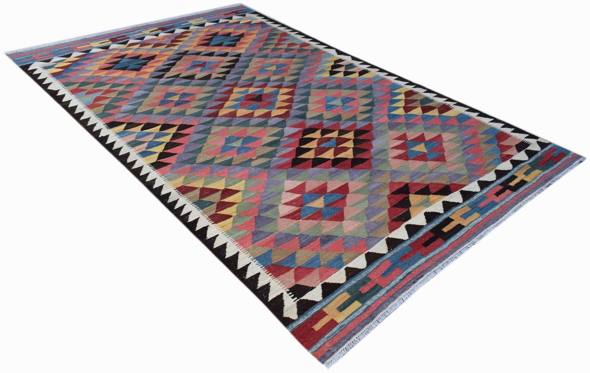 Handwoven Afghan Maimana kilim rug featuring a colorful geometric diamond pattern.